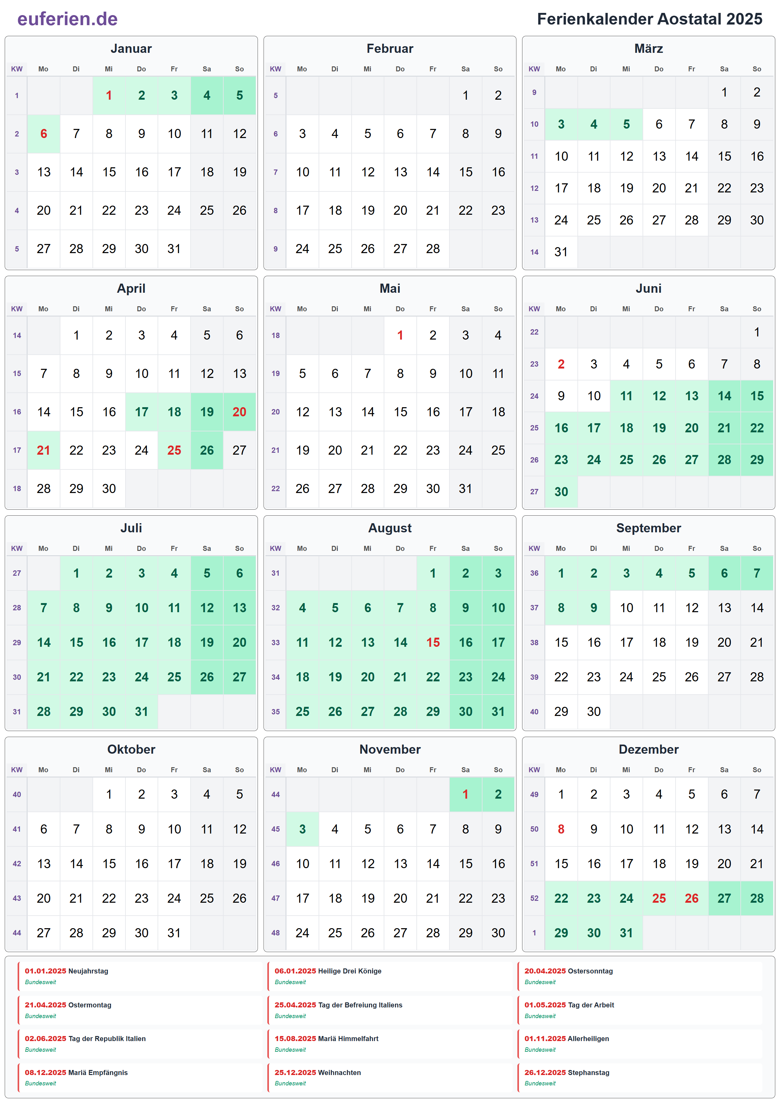 Ferienkalender Aostatal 2025 – Hochformat