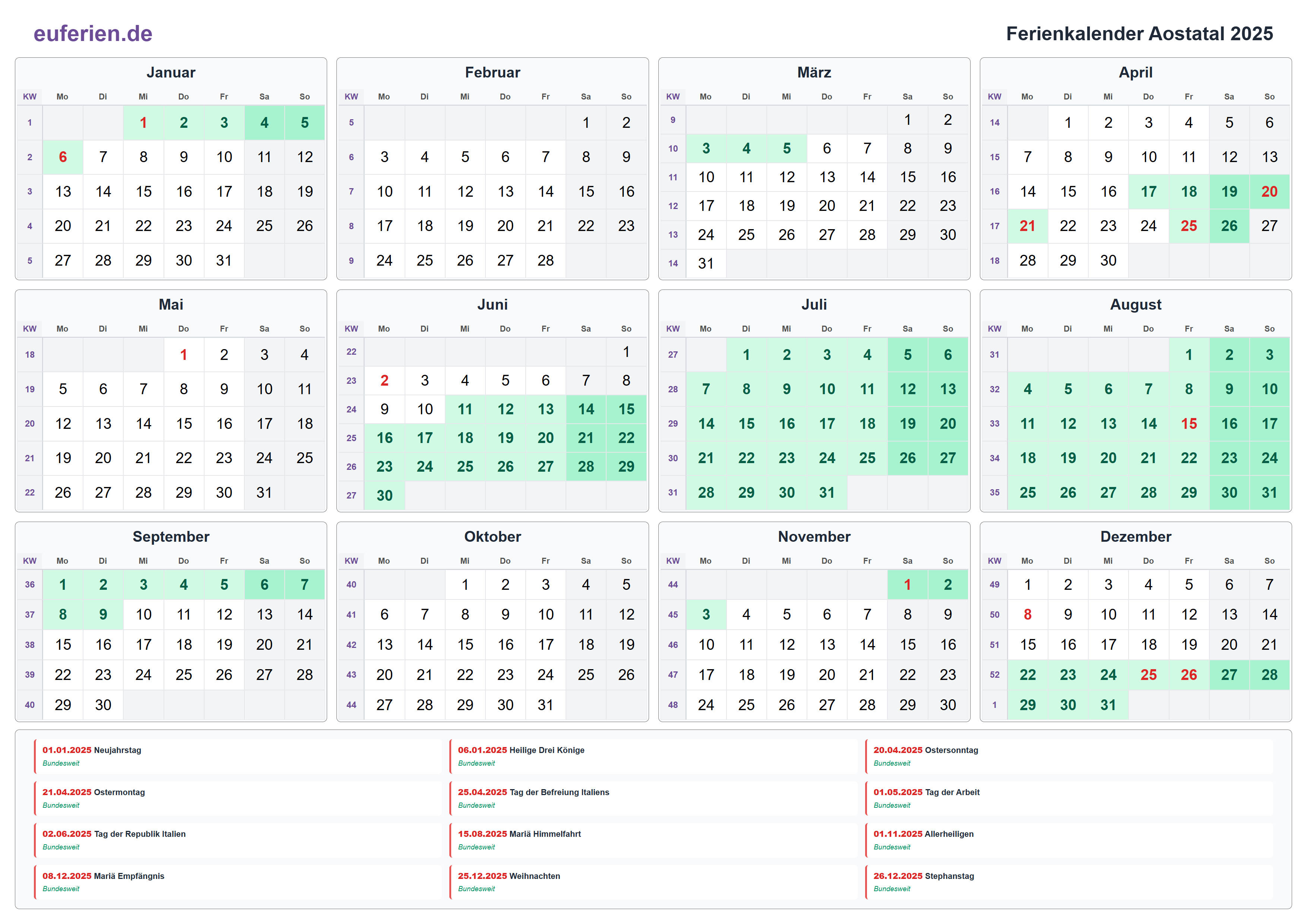 Ferienkalender Aostatal 2025 – Querformat