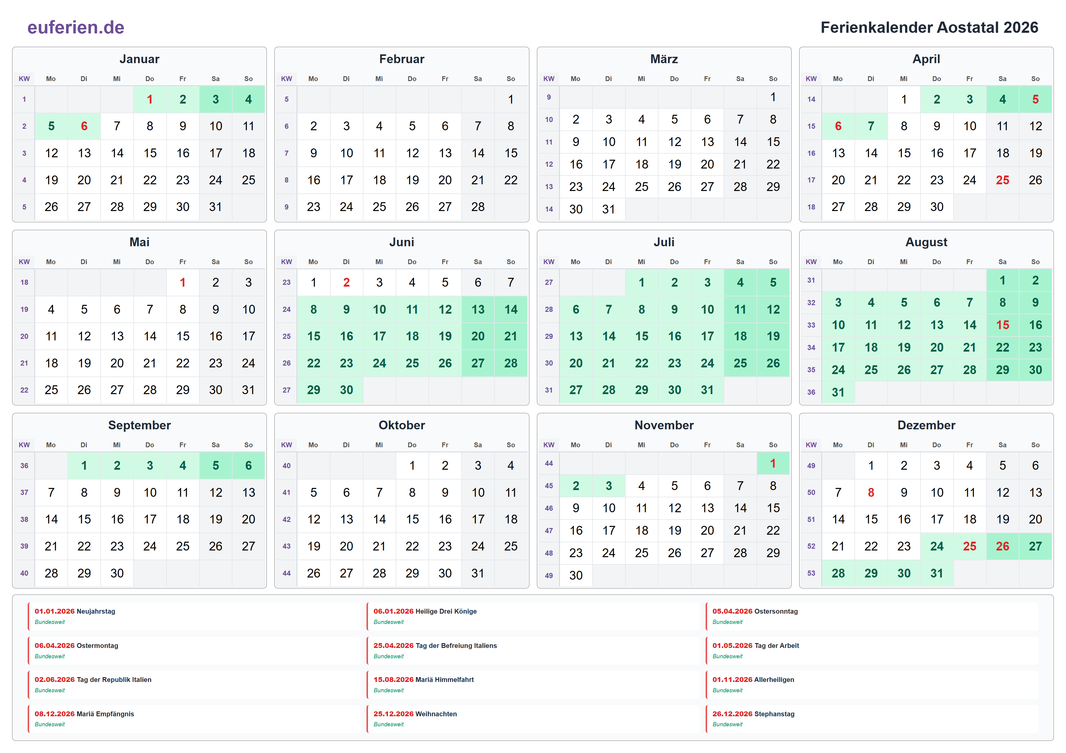Ferienkalender Aostatal 2026 – Querformat