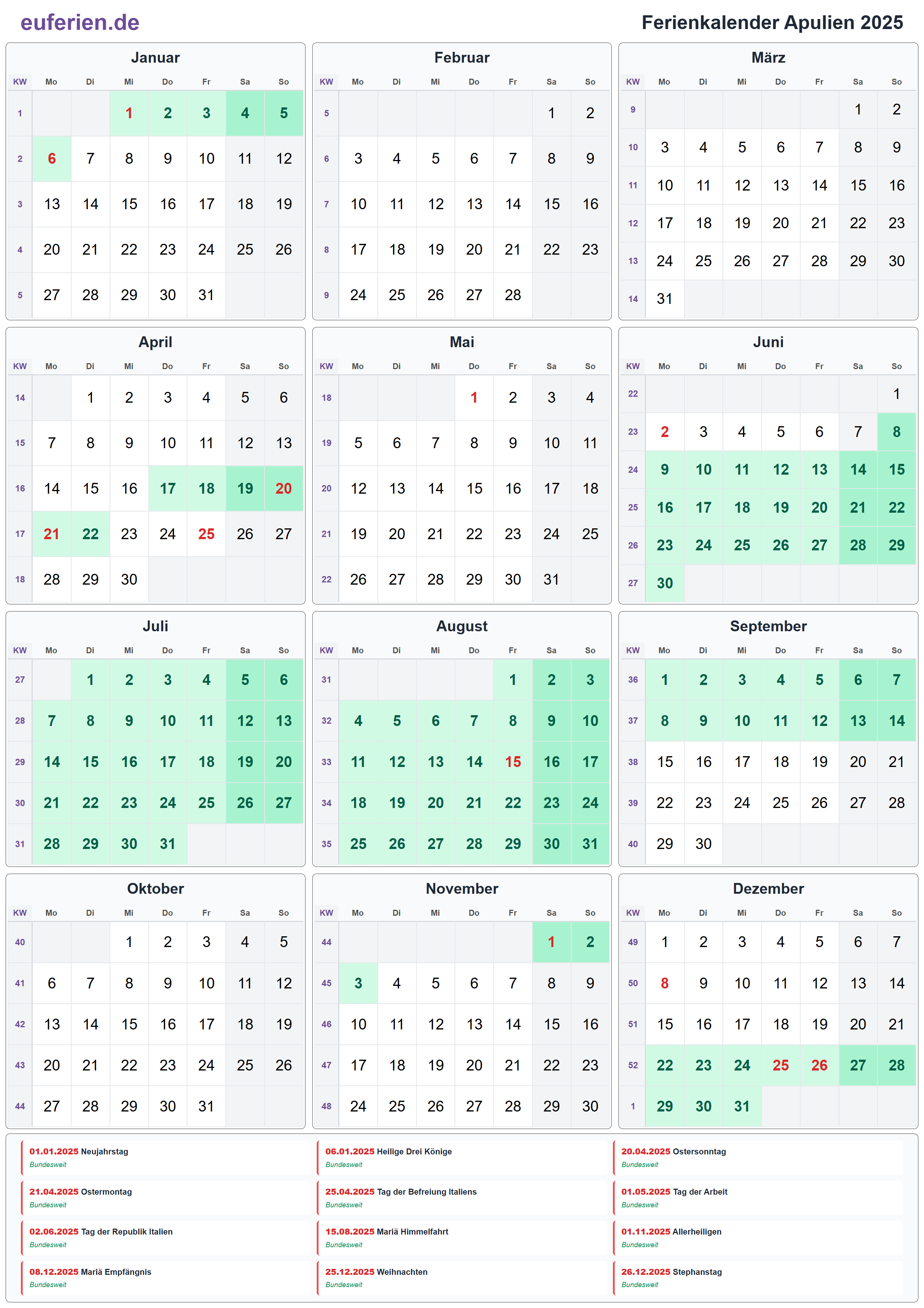 Ferienkalender Apulien 2025 – Hochformat