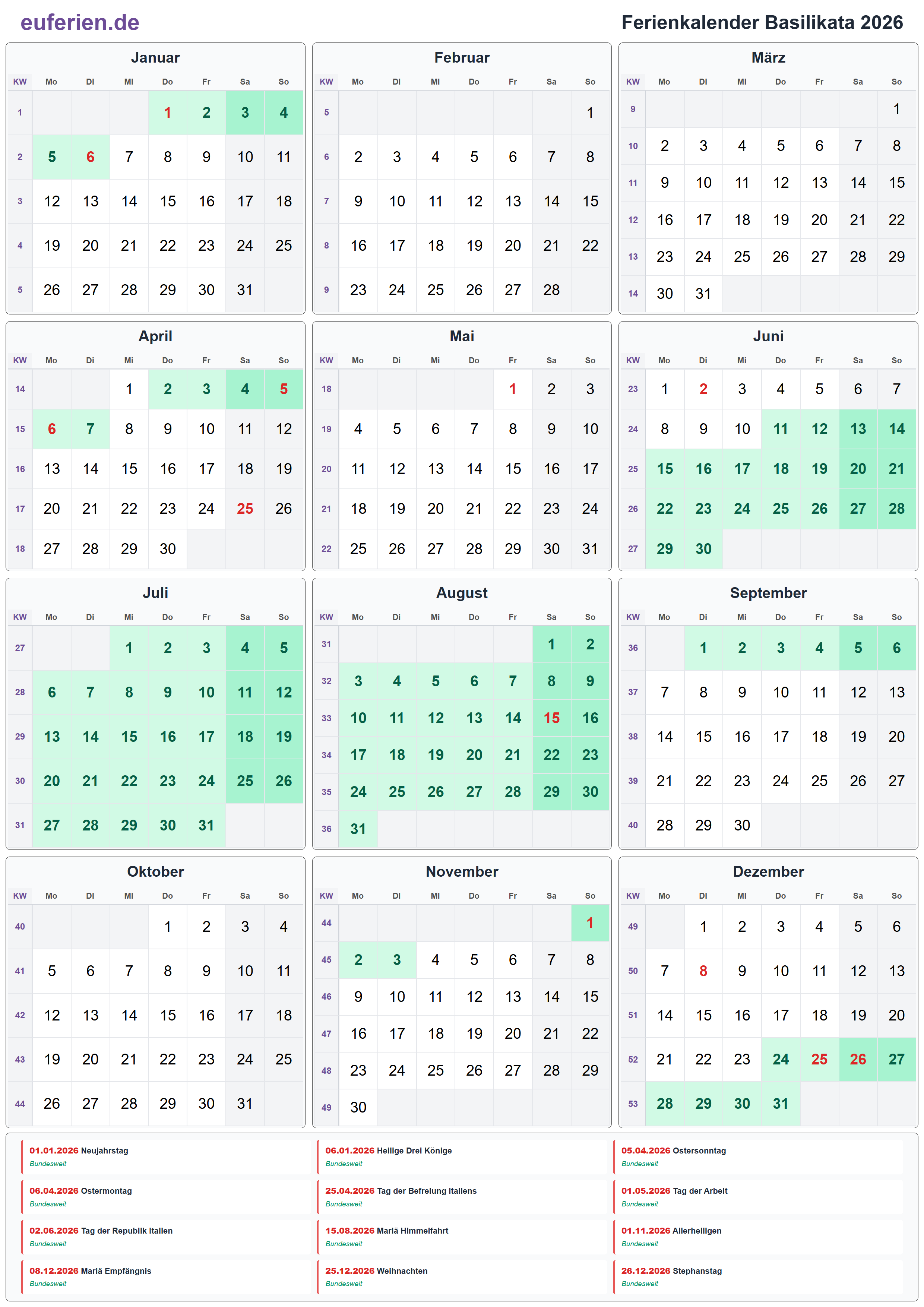 Ferienkalender Basilikata 2026 – Hochformat