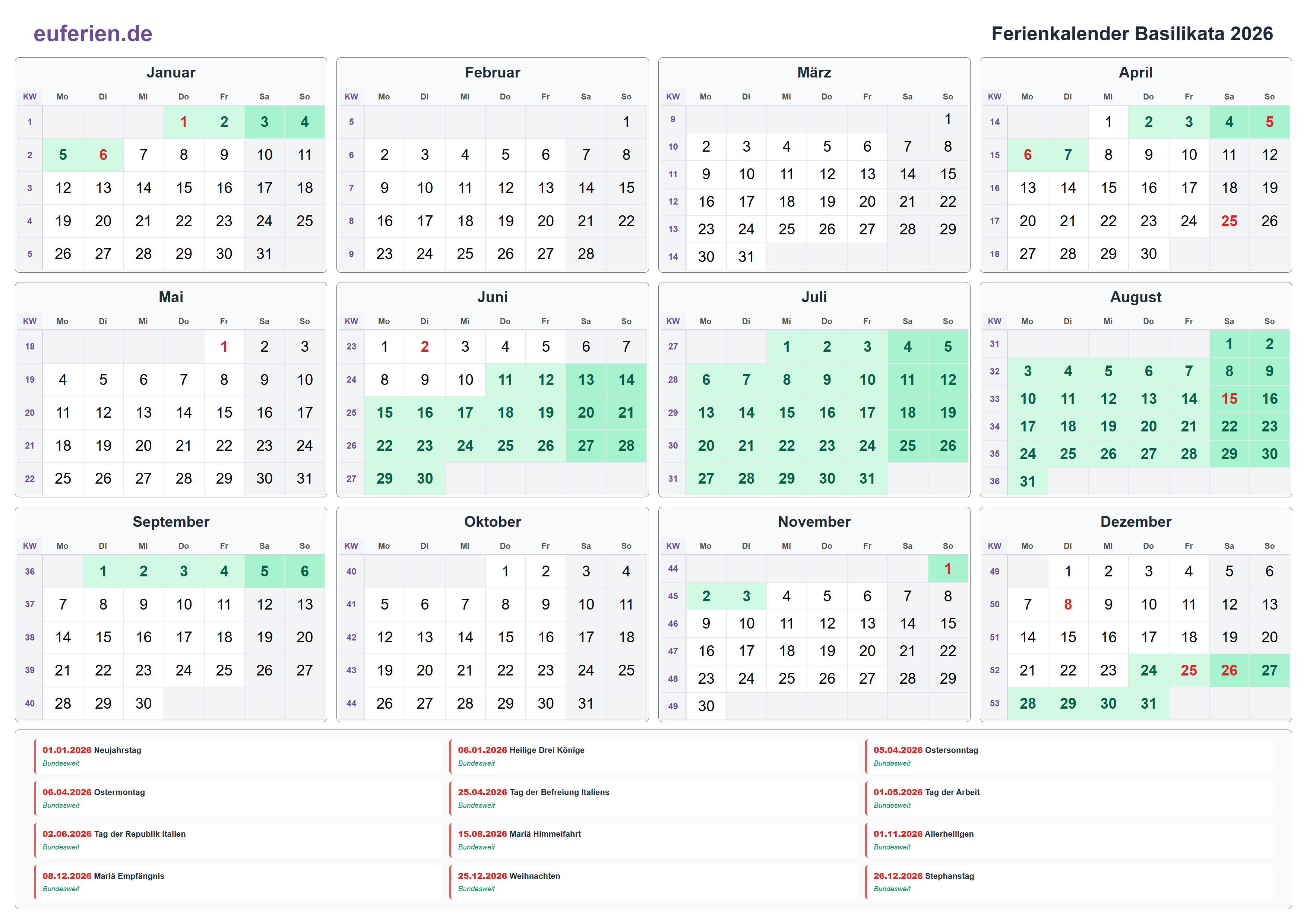 Ferienkalender Basilikata 2026 – Querformat