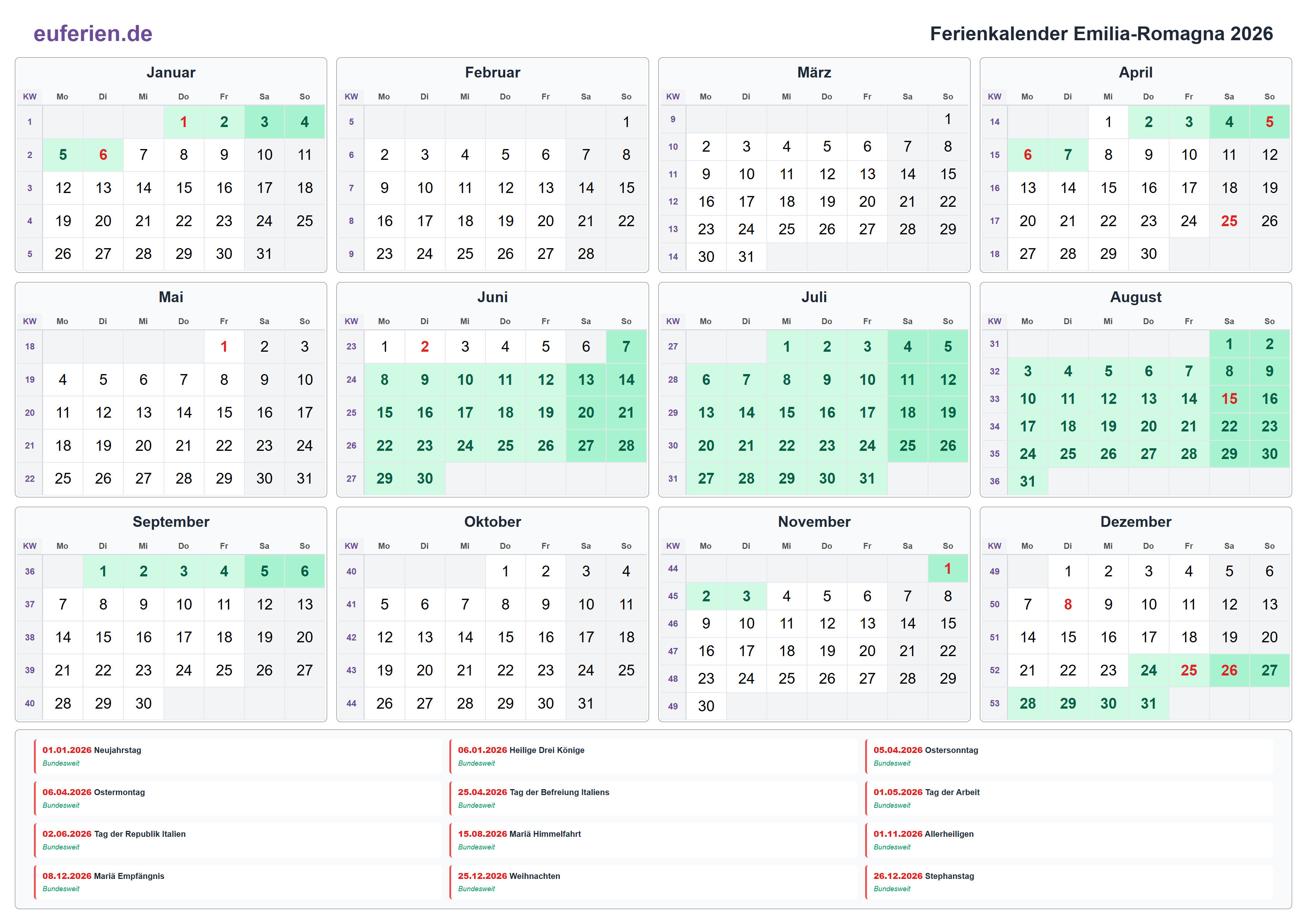 Ferienkalender Emilia-Romagna 2026 – Querformat