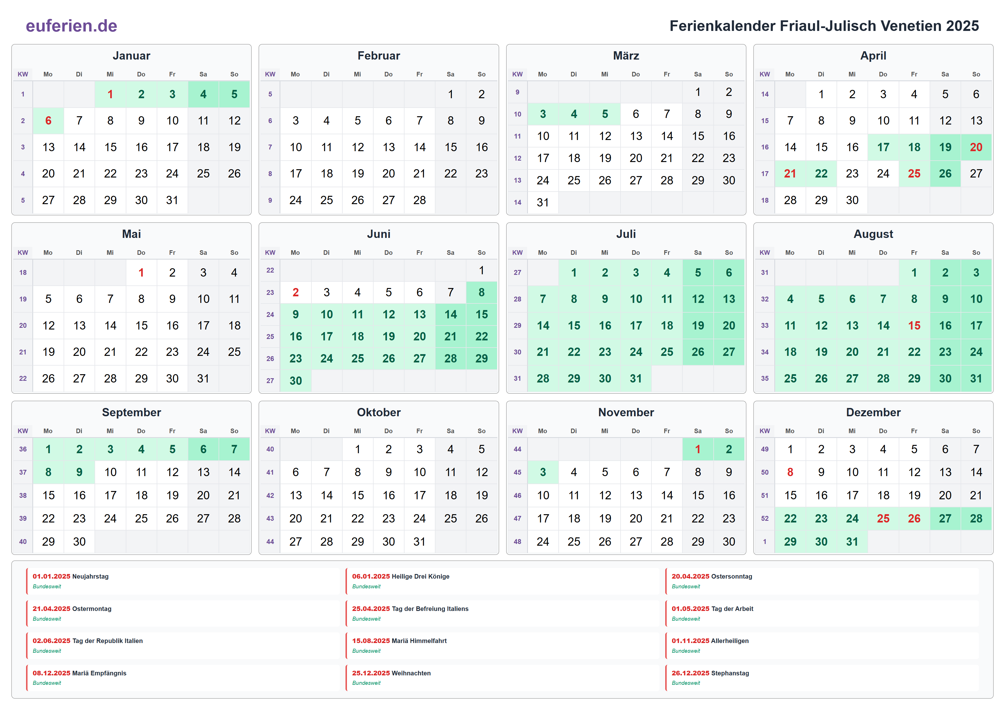 Ferienkalender Friaul-Julisch Venetien 2025 – Querformat