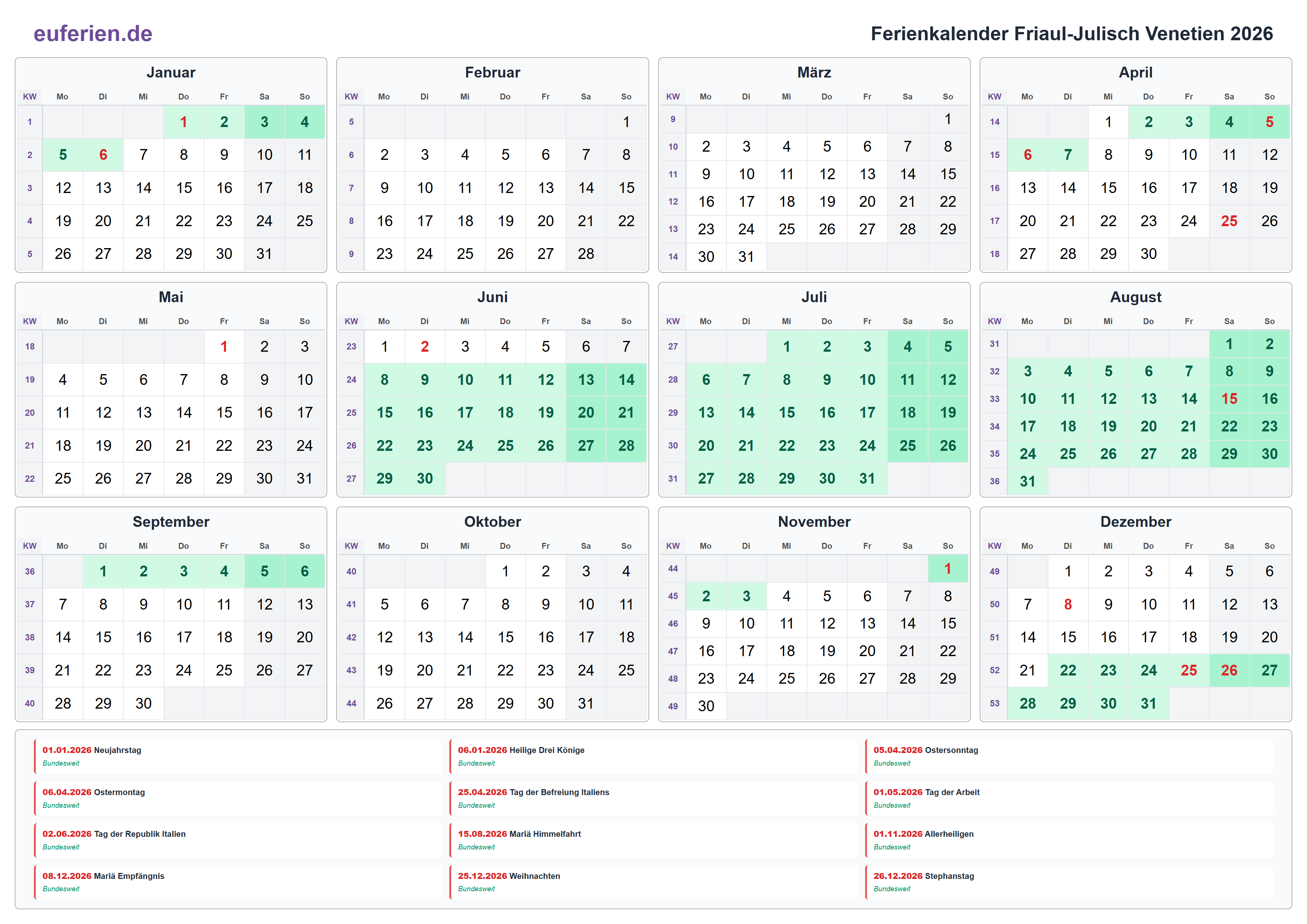 Ferienkalender Friaul-Julisch Venetien 2026 – Querformat