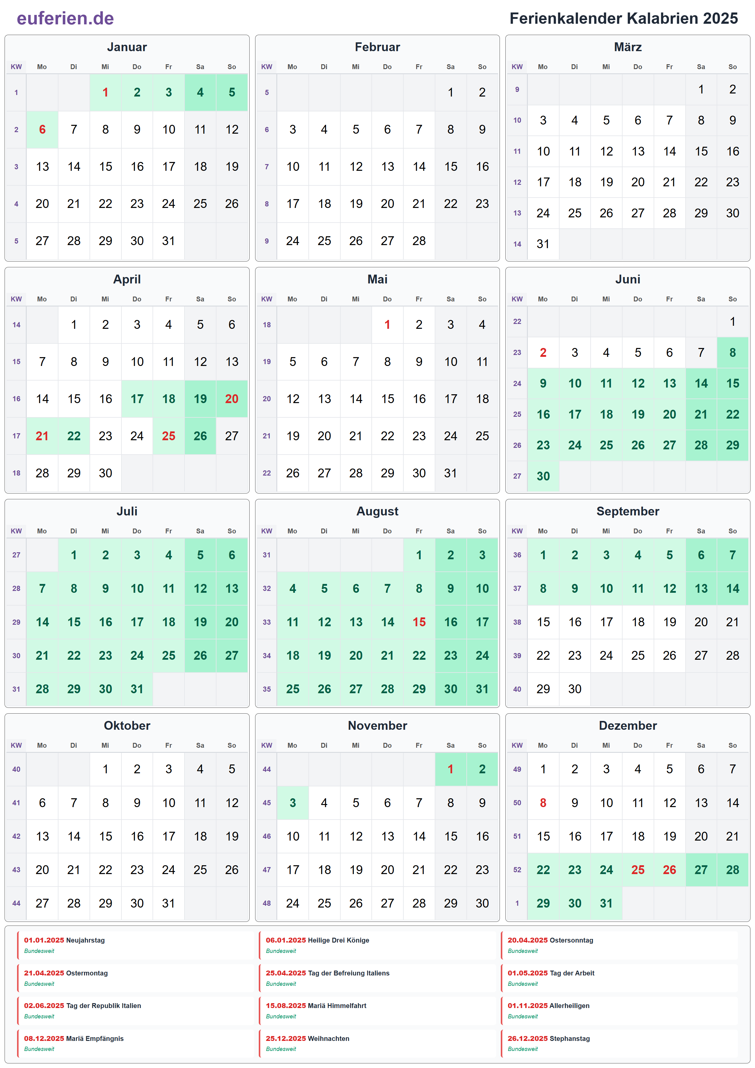 Ferienkalender Kalabrien 2025 – Hochformat