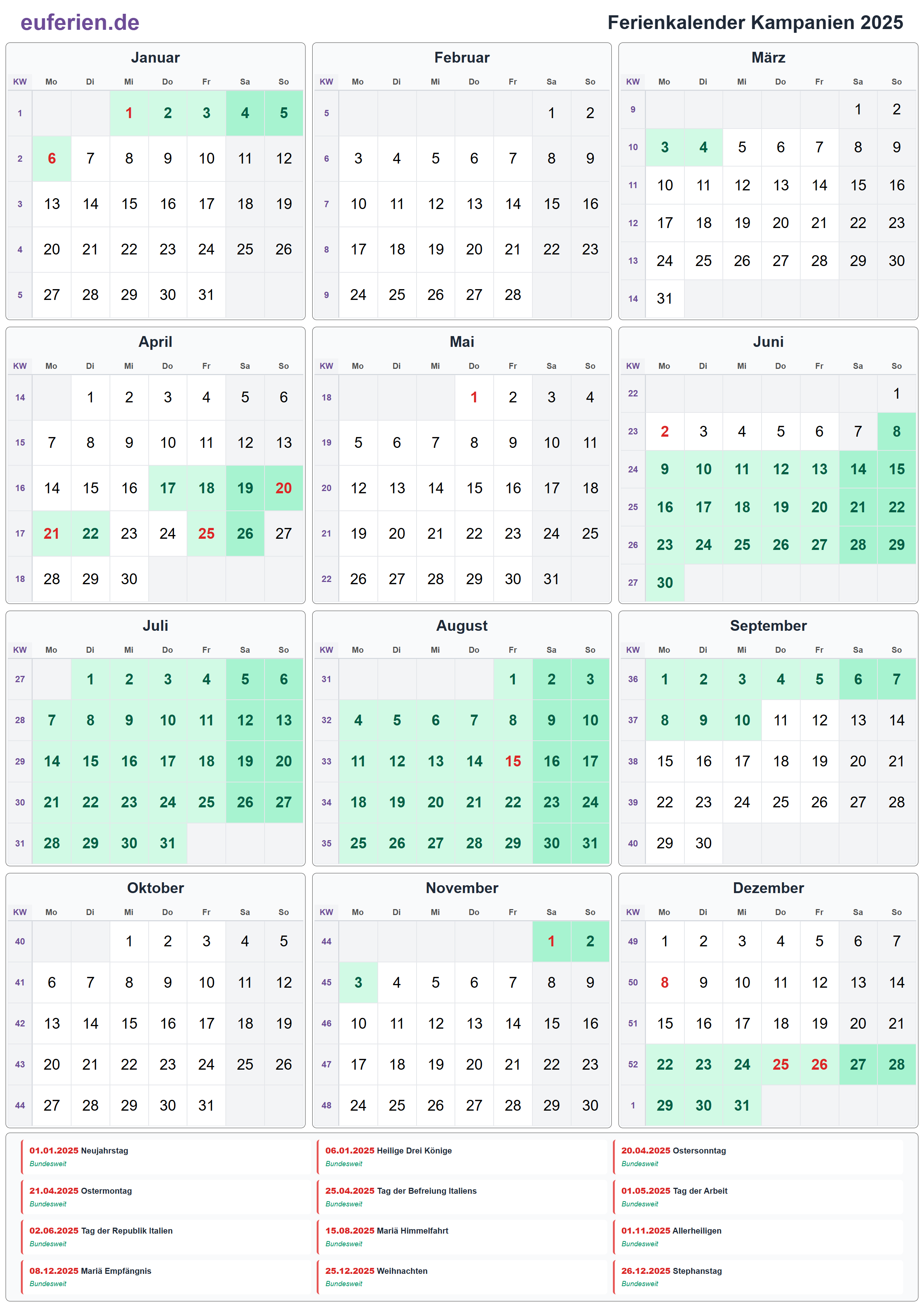 Ferienkalender Kampanien 2025 – Hochformat