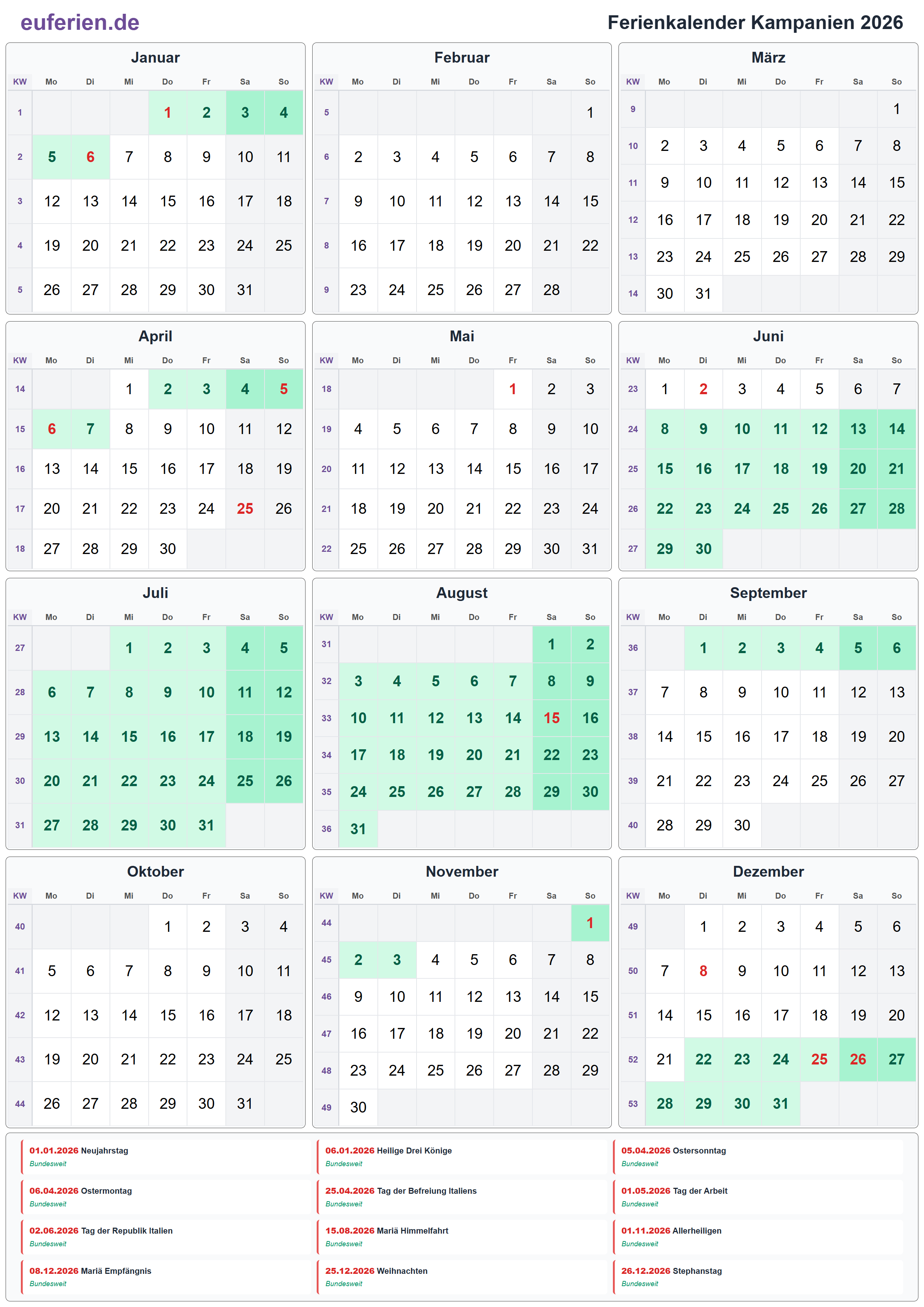 Ferienkalender Kampanien 2026 – Hochformat