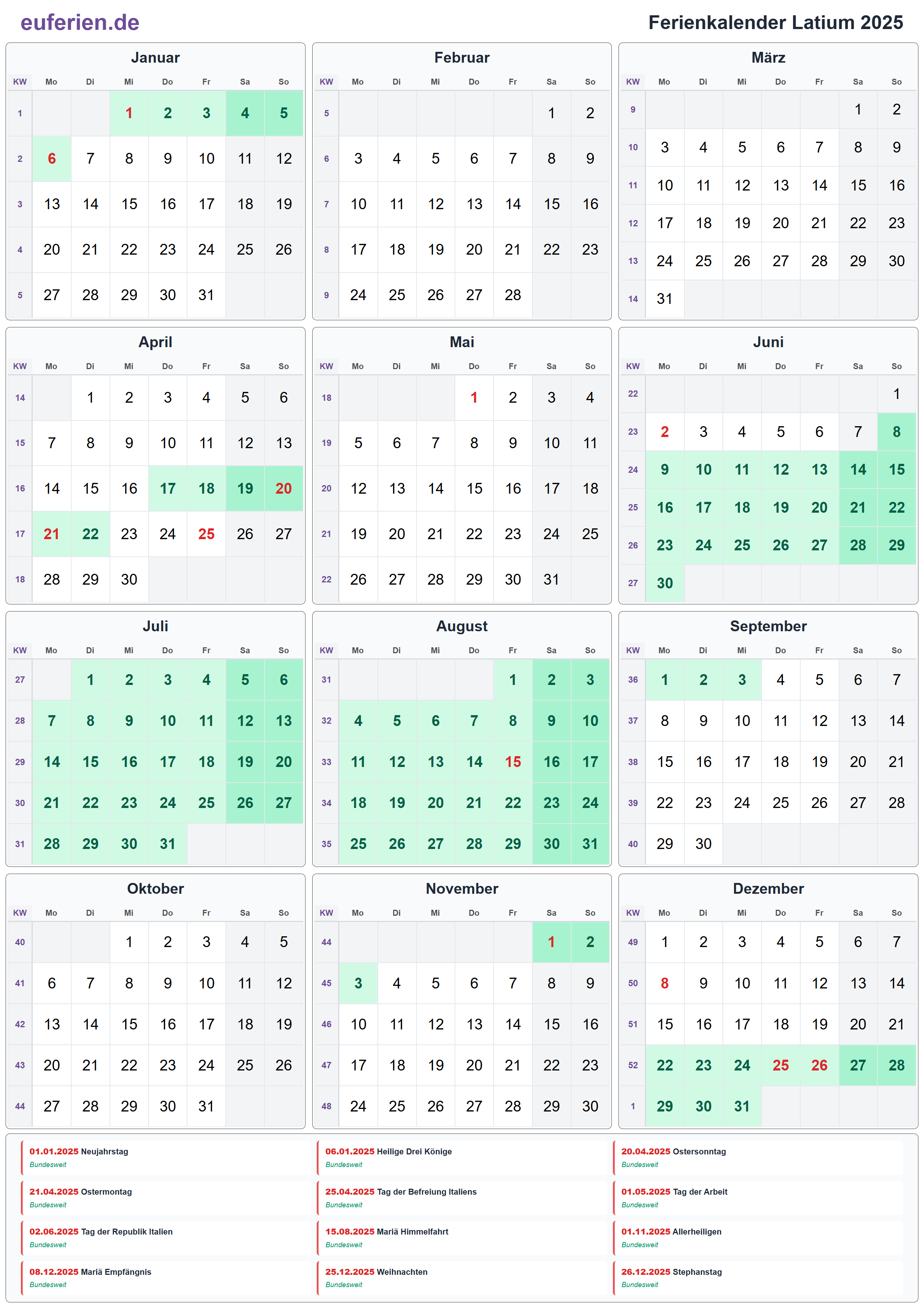 Ferienkalender Latium 2025 – Hochformat