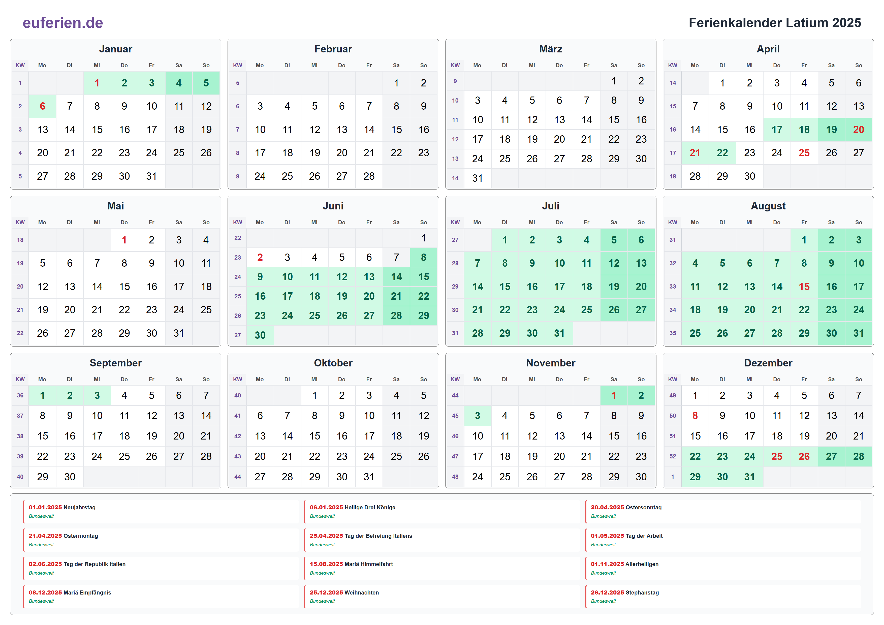 Ferienkalender Latium 2025 – Querformat