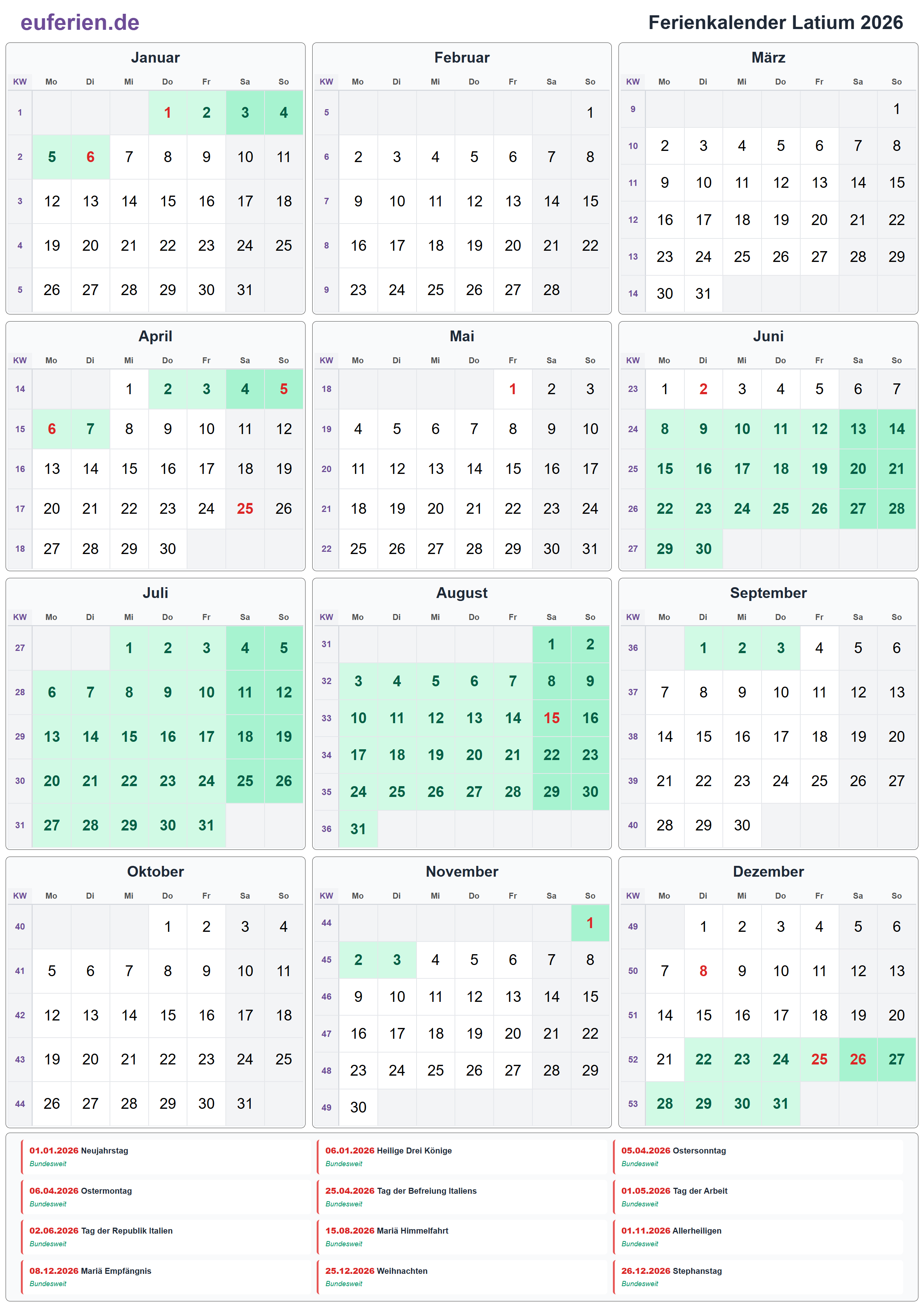 Ferienkalender Latium 2026 – Hochformat