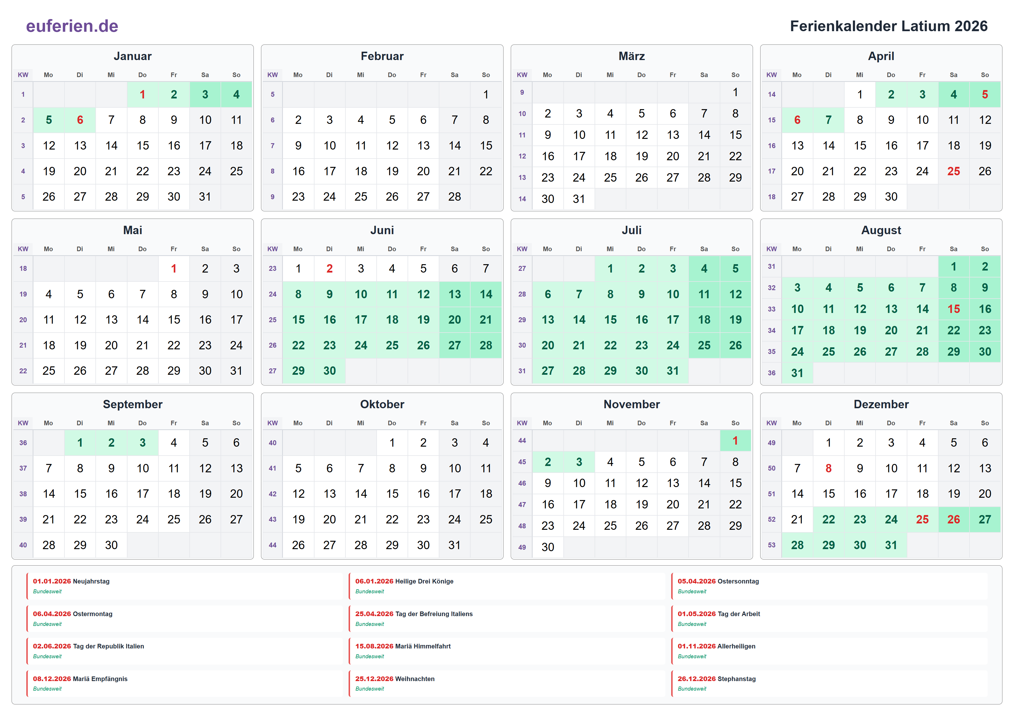Ferienkalender Latium 2026 – Querformat