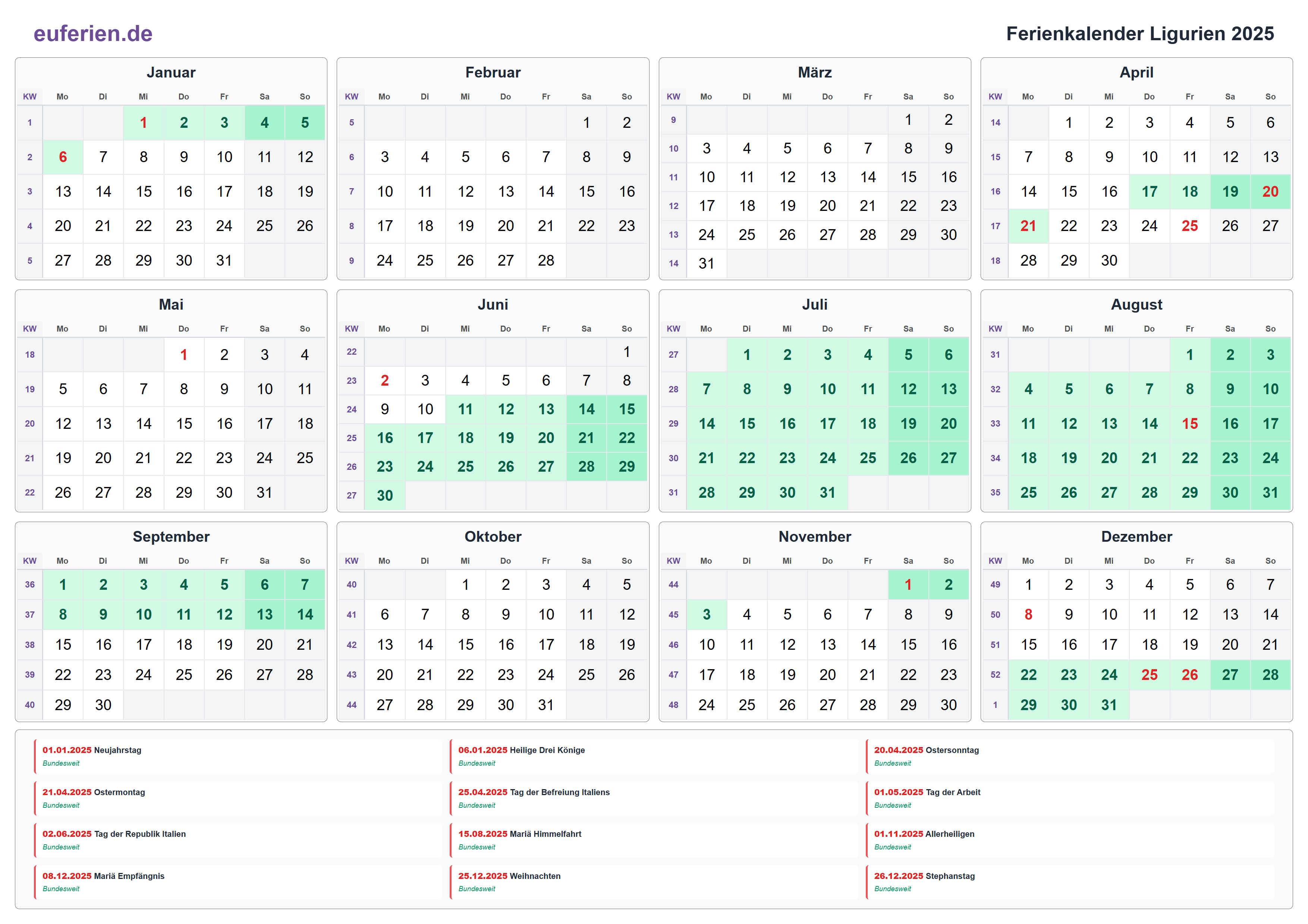 Ferienkalender Ligurien 2025 – Querformat