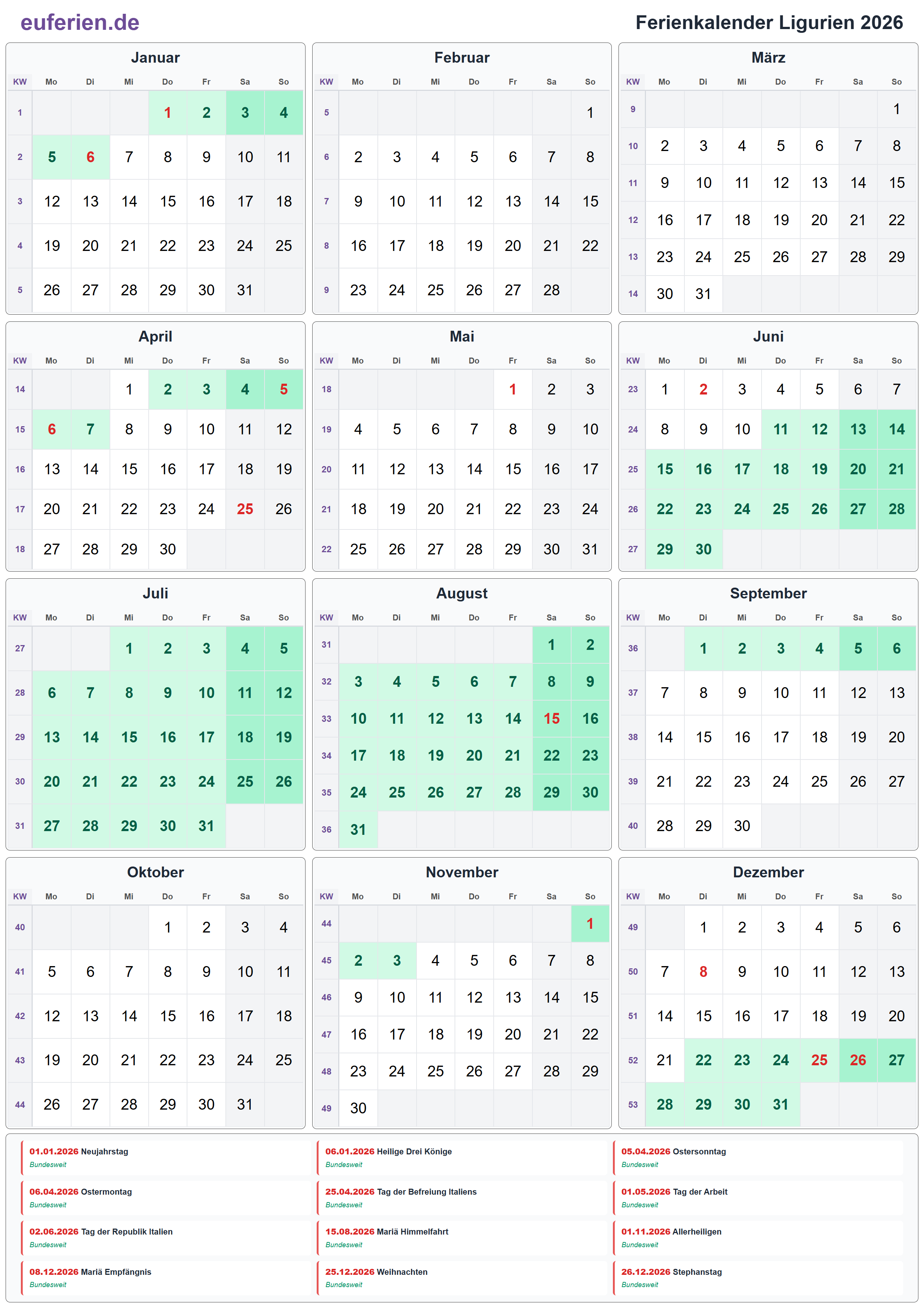 Ferienkalender Ligurien 2026 – Hochformat