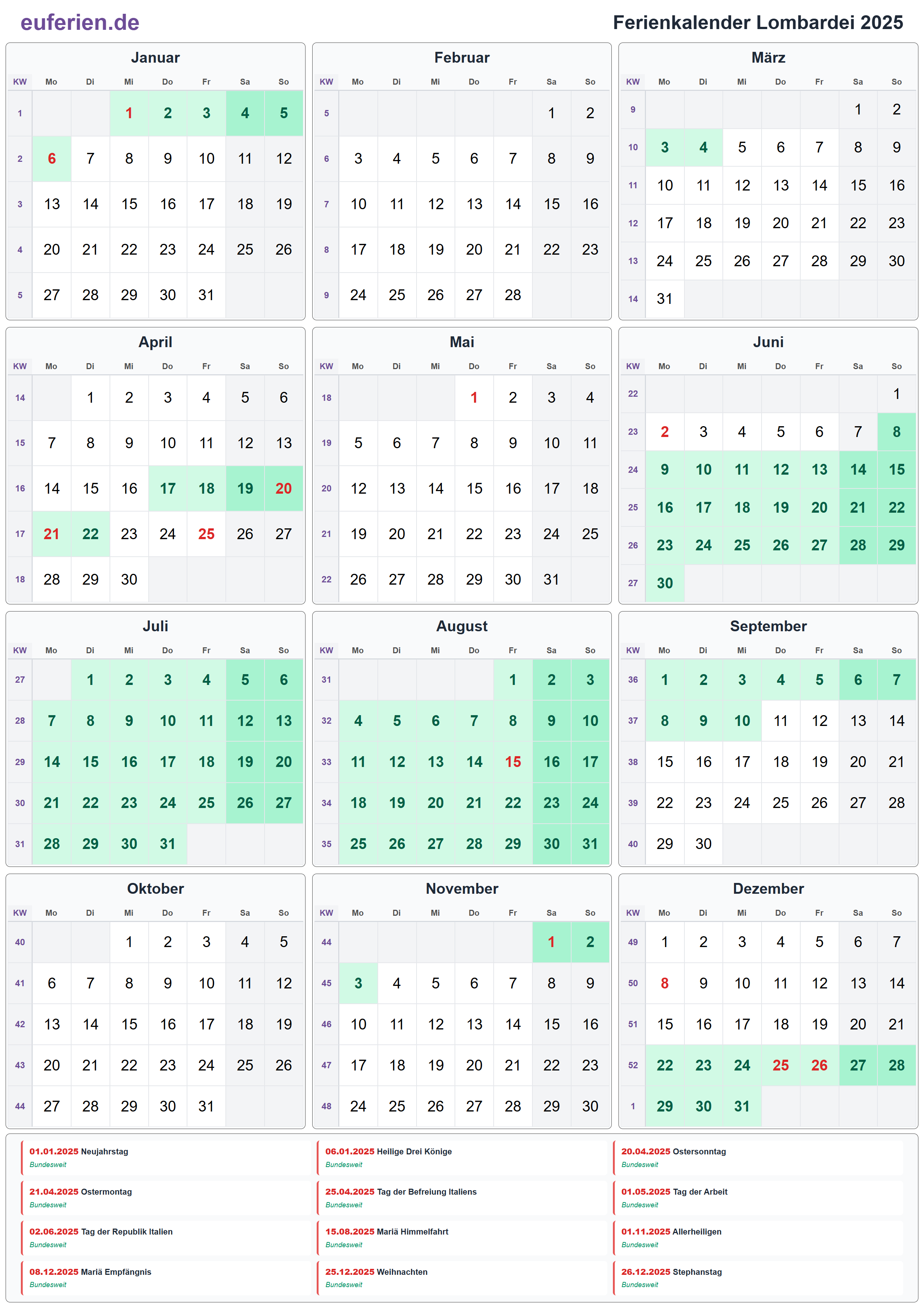 Ferienkalender Lombardei 2025 – Hochformat