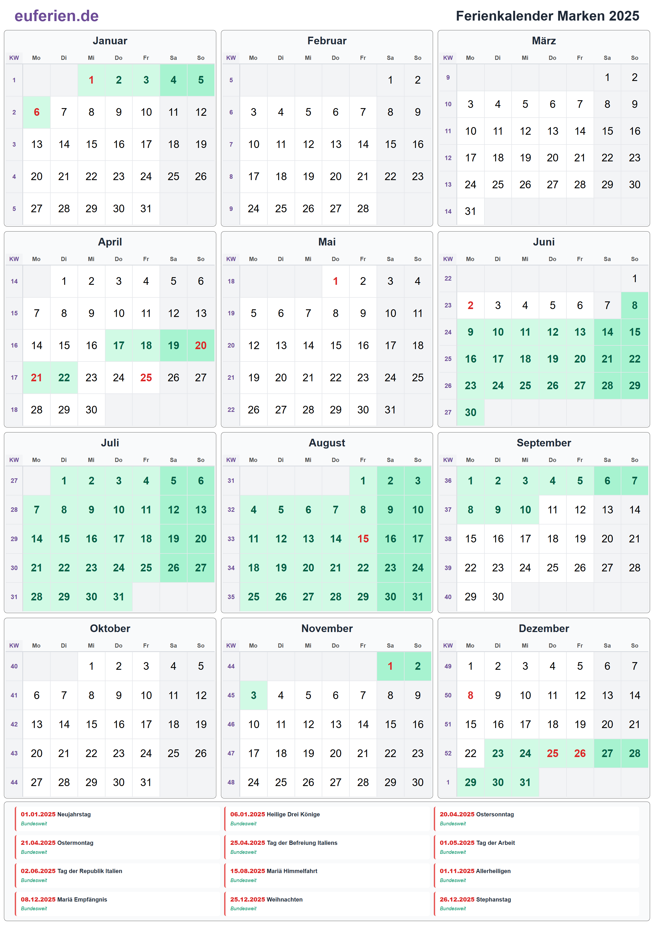 Ferienkalender Marken 2025 – Hochformat