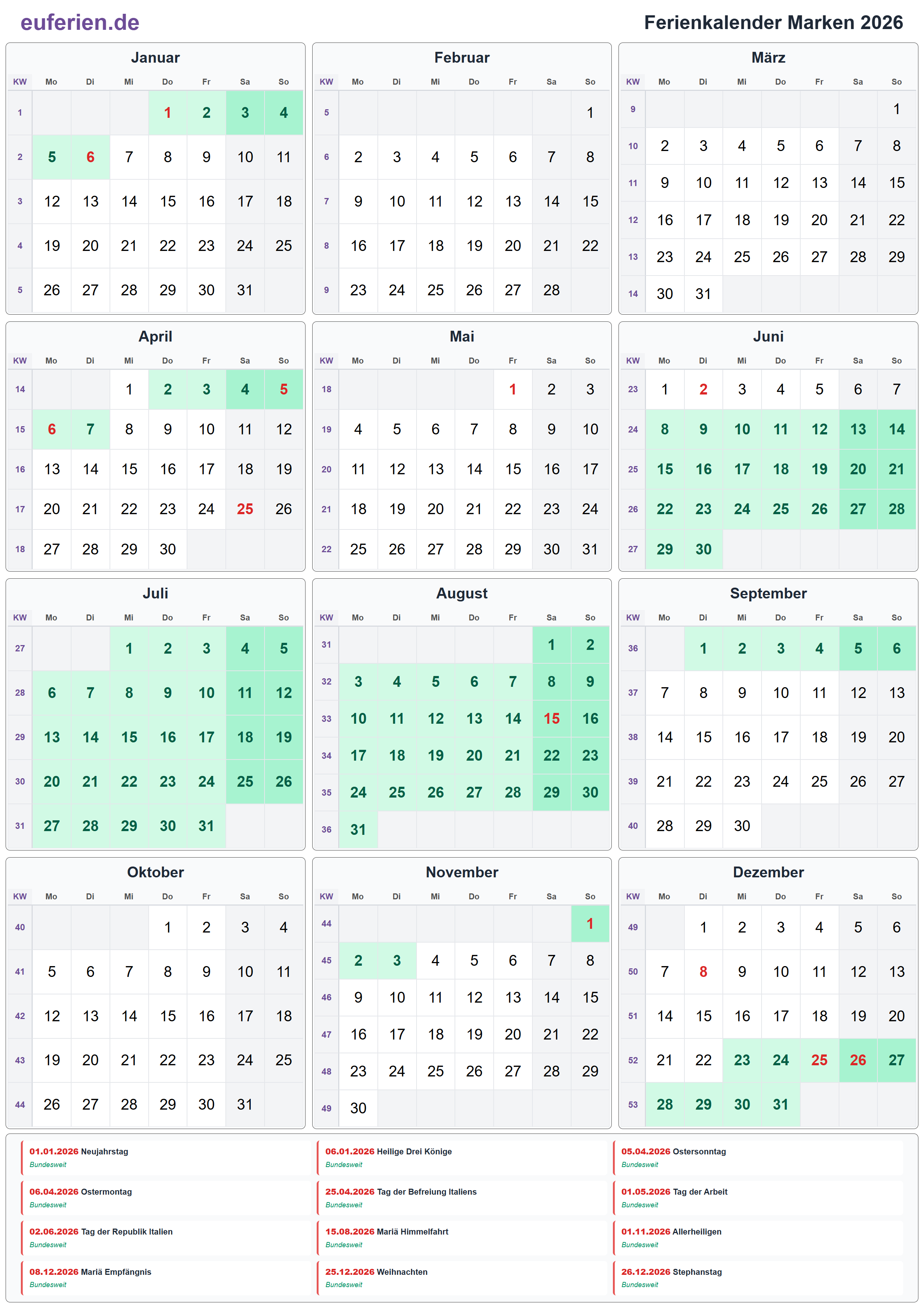 Ferienkalender Marken 2026 – Hochformat