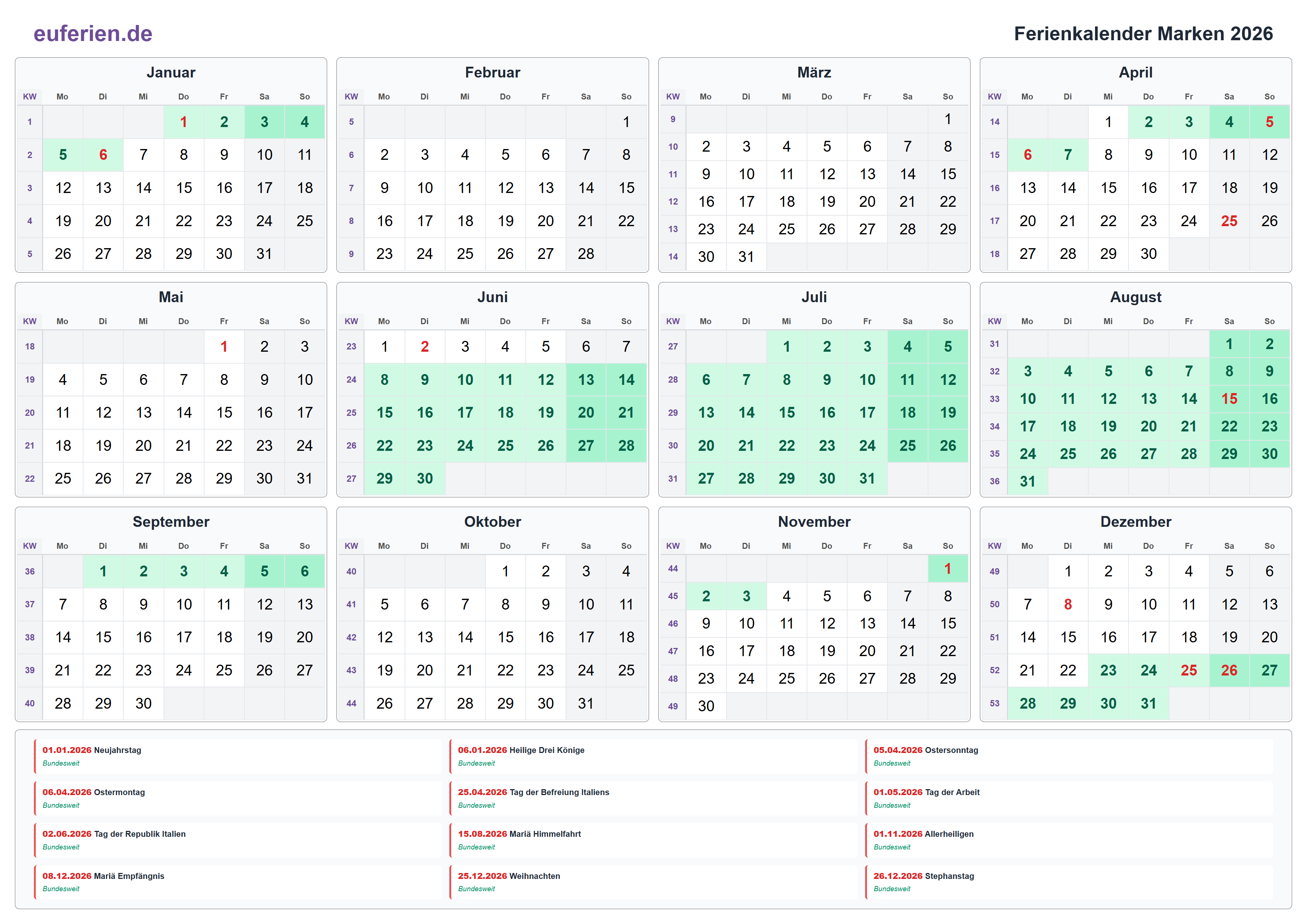 Ferienkalender Marken 2026 – Querformat