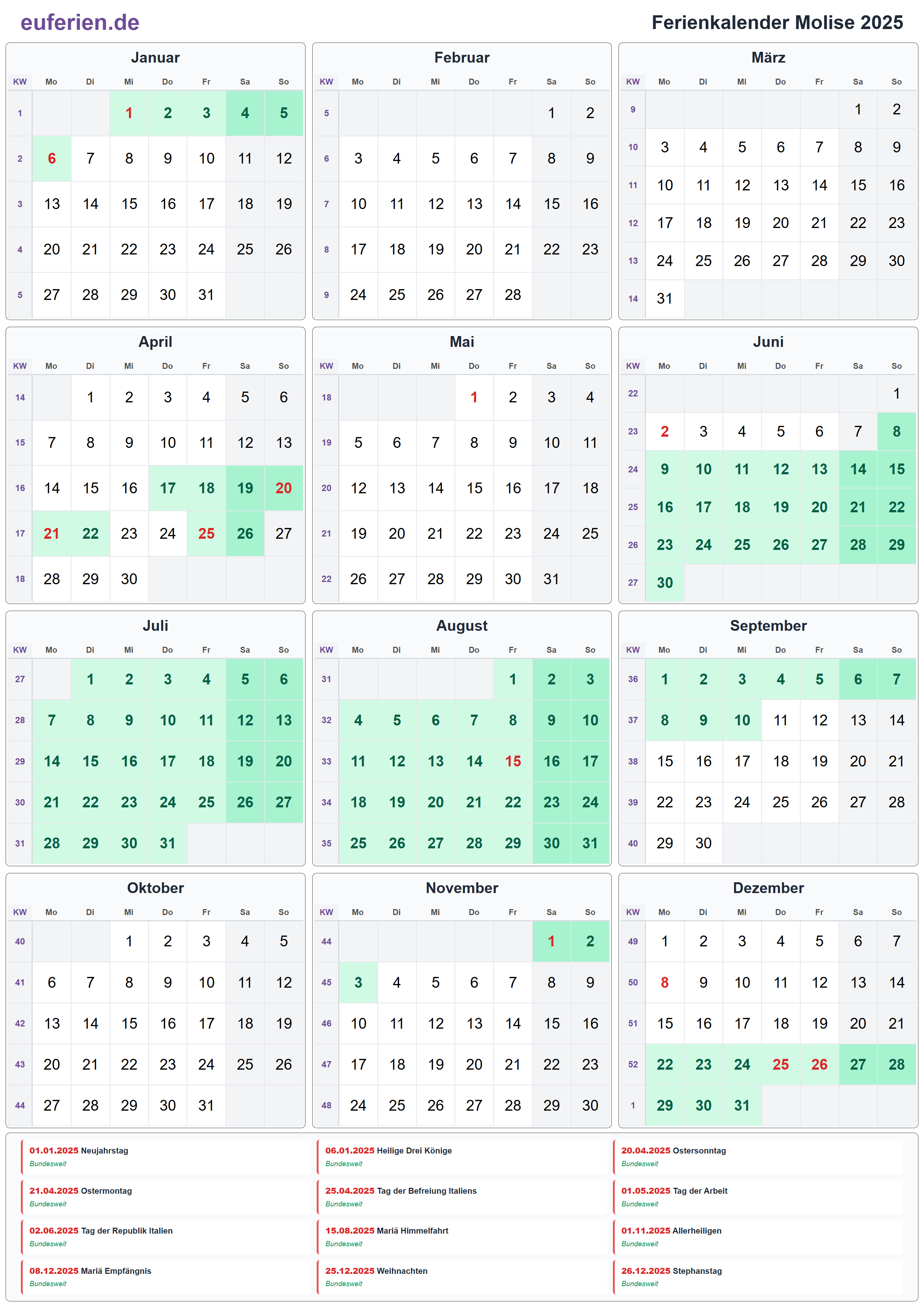 Ferienkalender Molise 2025 – Hochformat