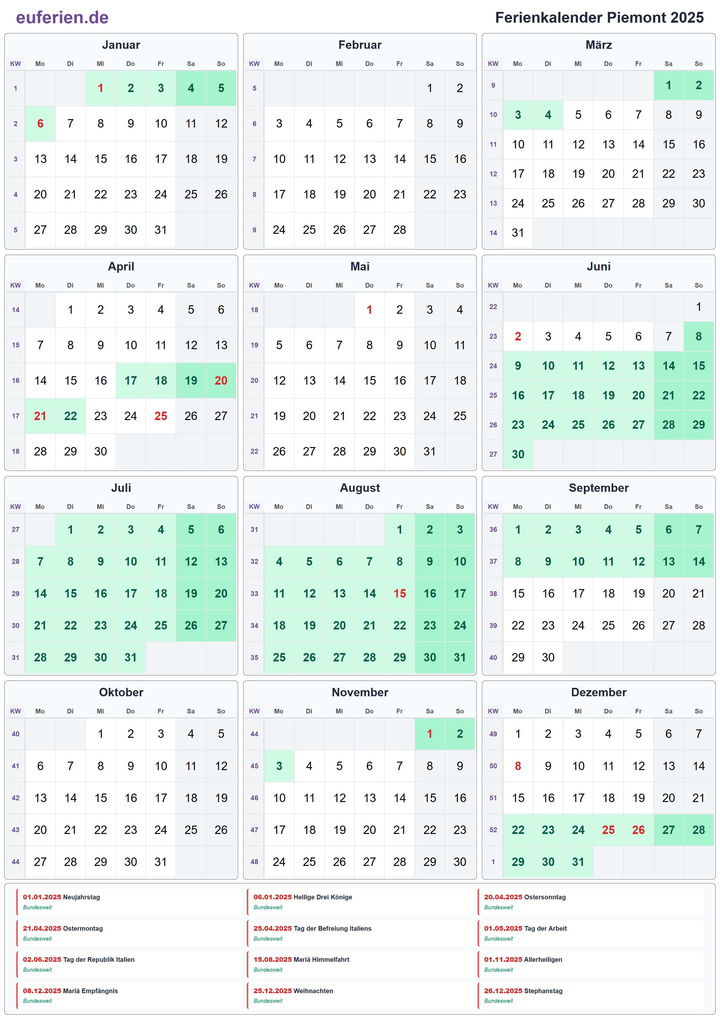 Ferienkalender Piemont 2025 – Hochformat