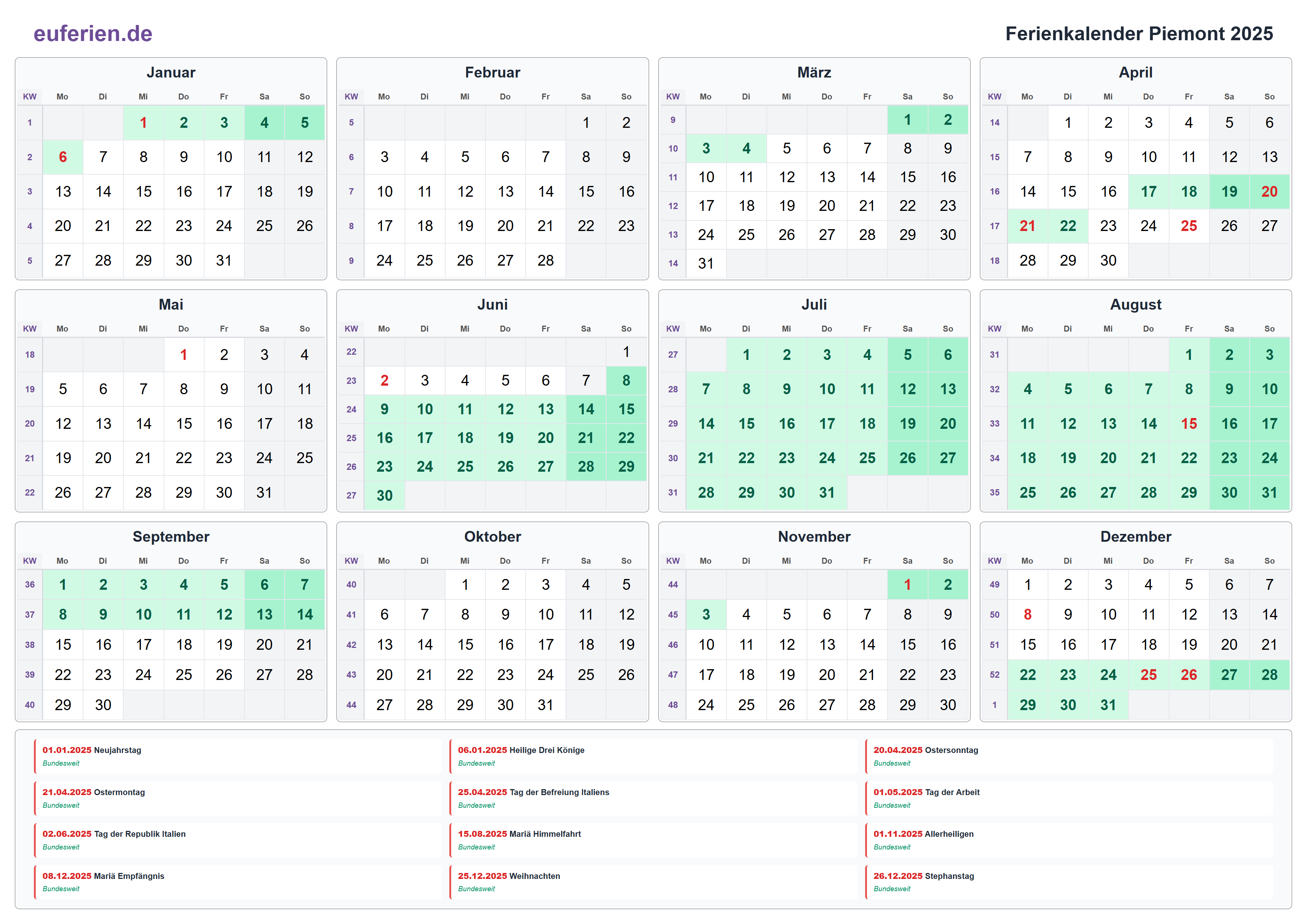 Ferienkalender Piemont 2025 – Querformat