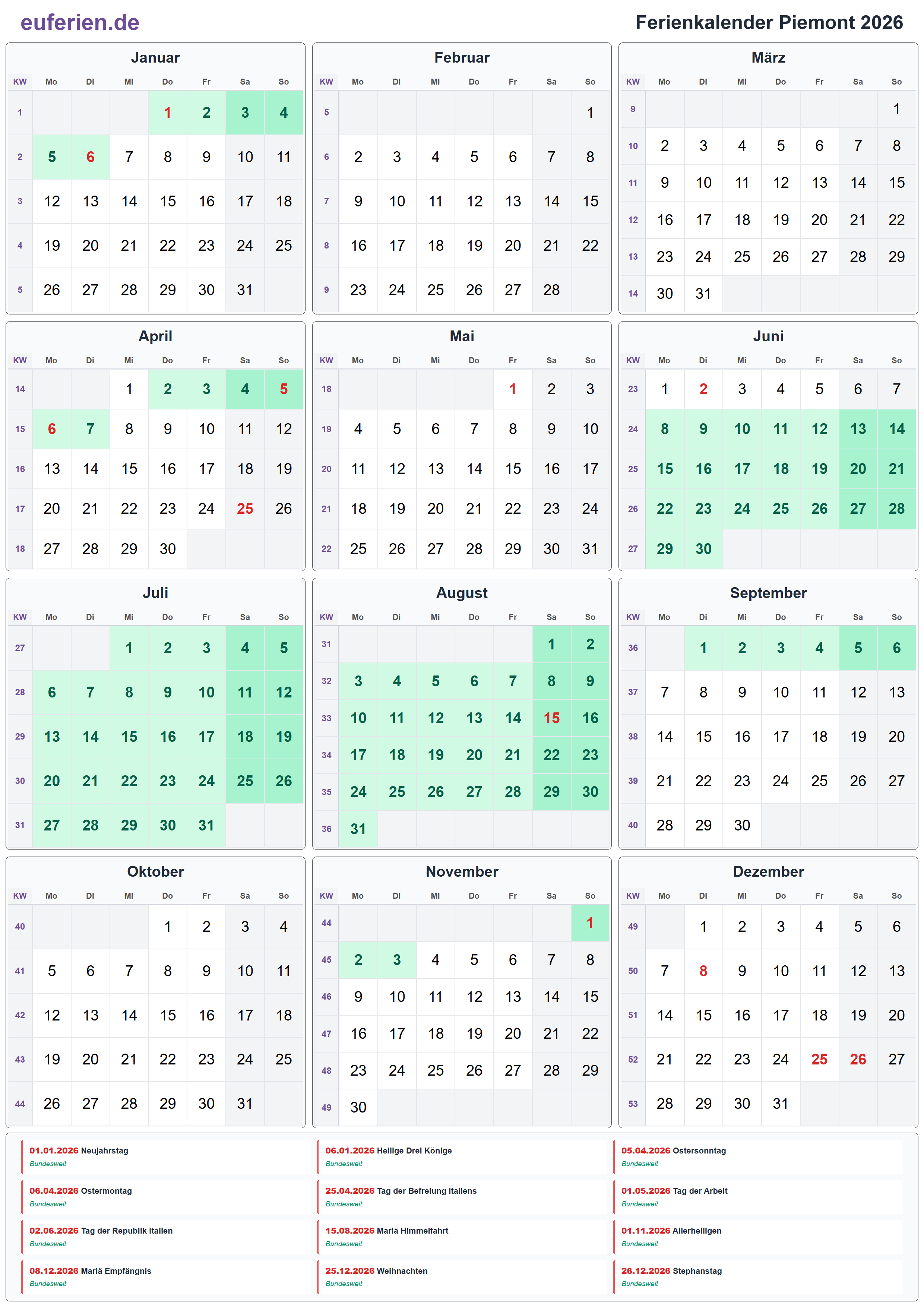 Ferienkalender Piemont 2026 – Hochformat