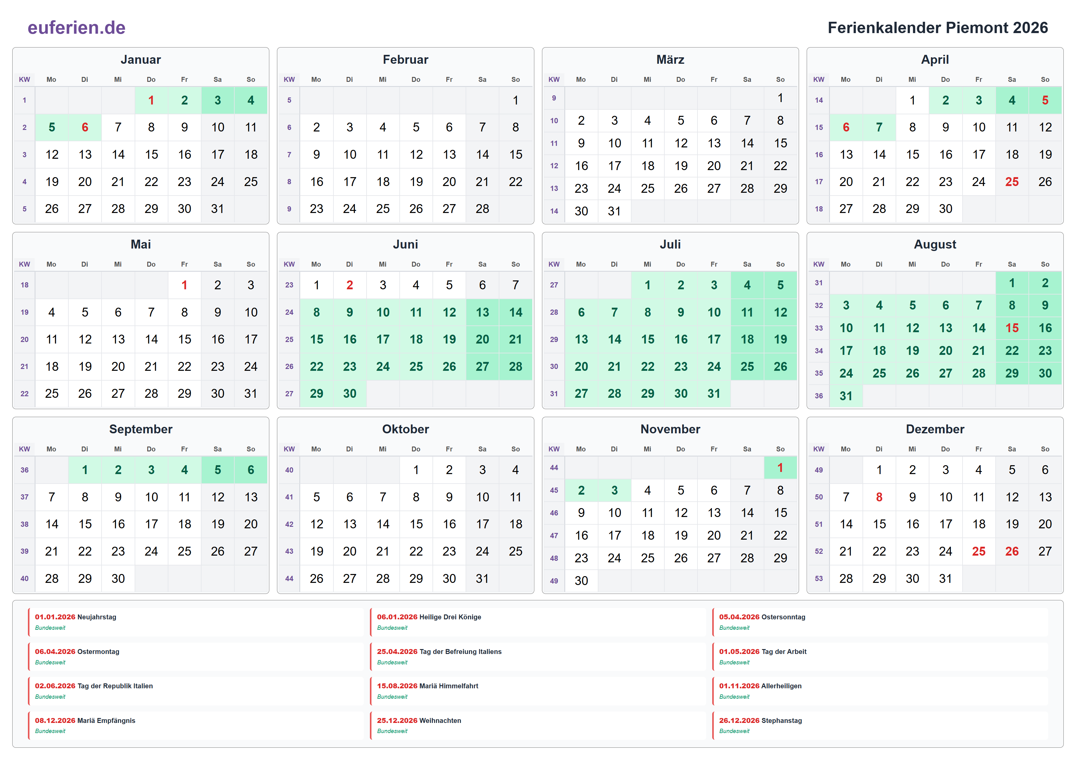 Ferienkalender Piemont 2026 – Querformat