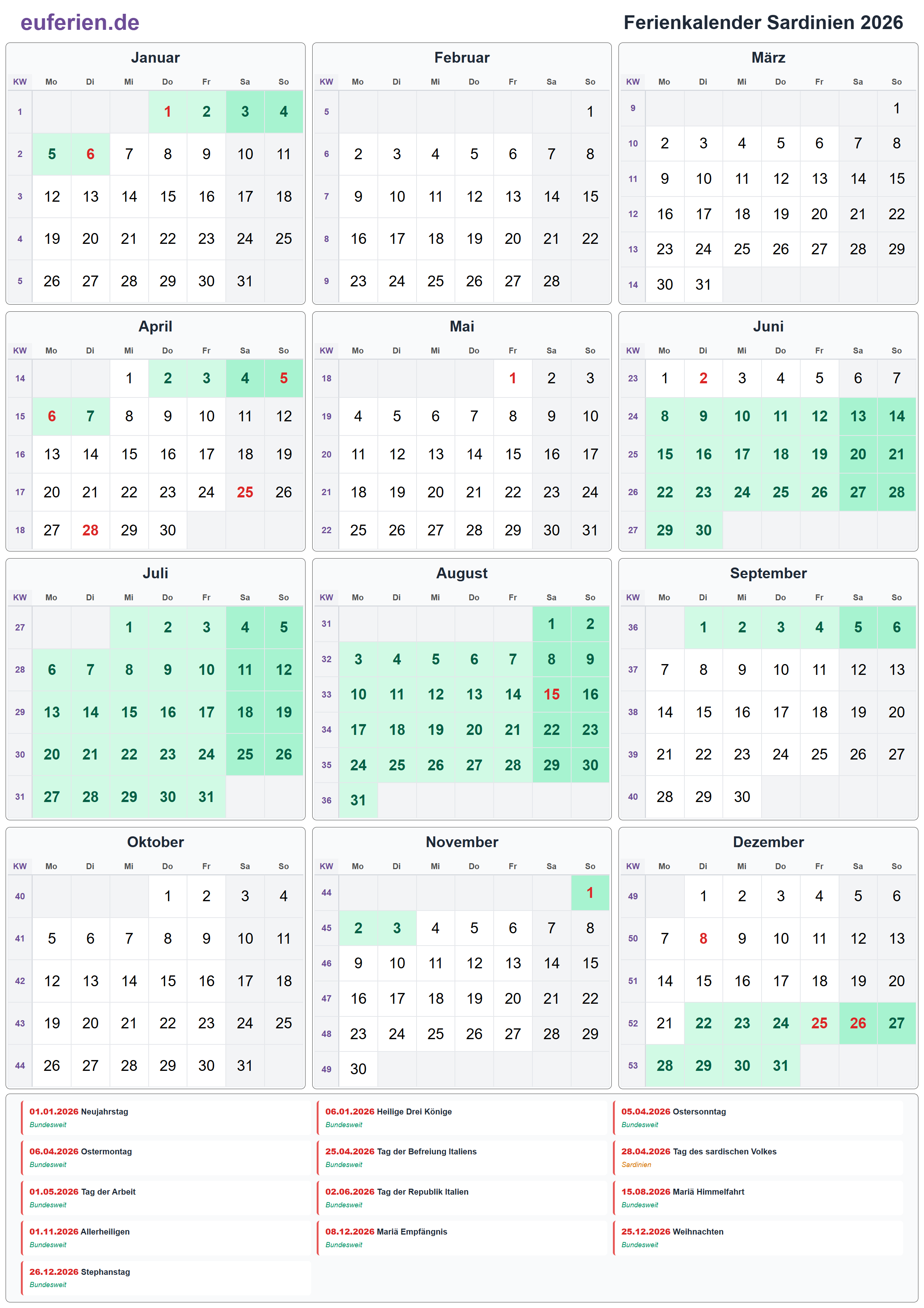 Ferienkalender Sardinien 2026 – Hochformat