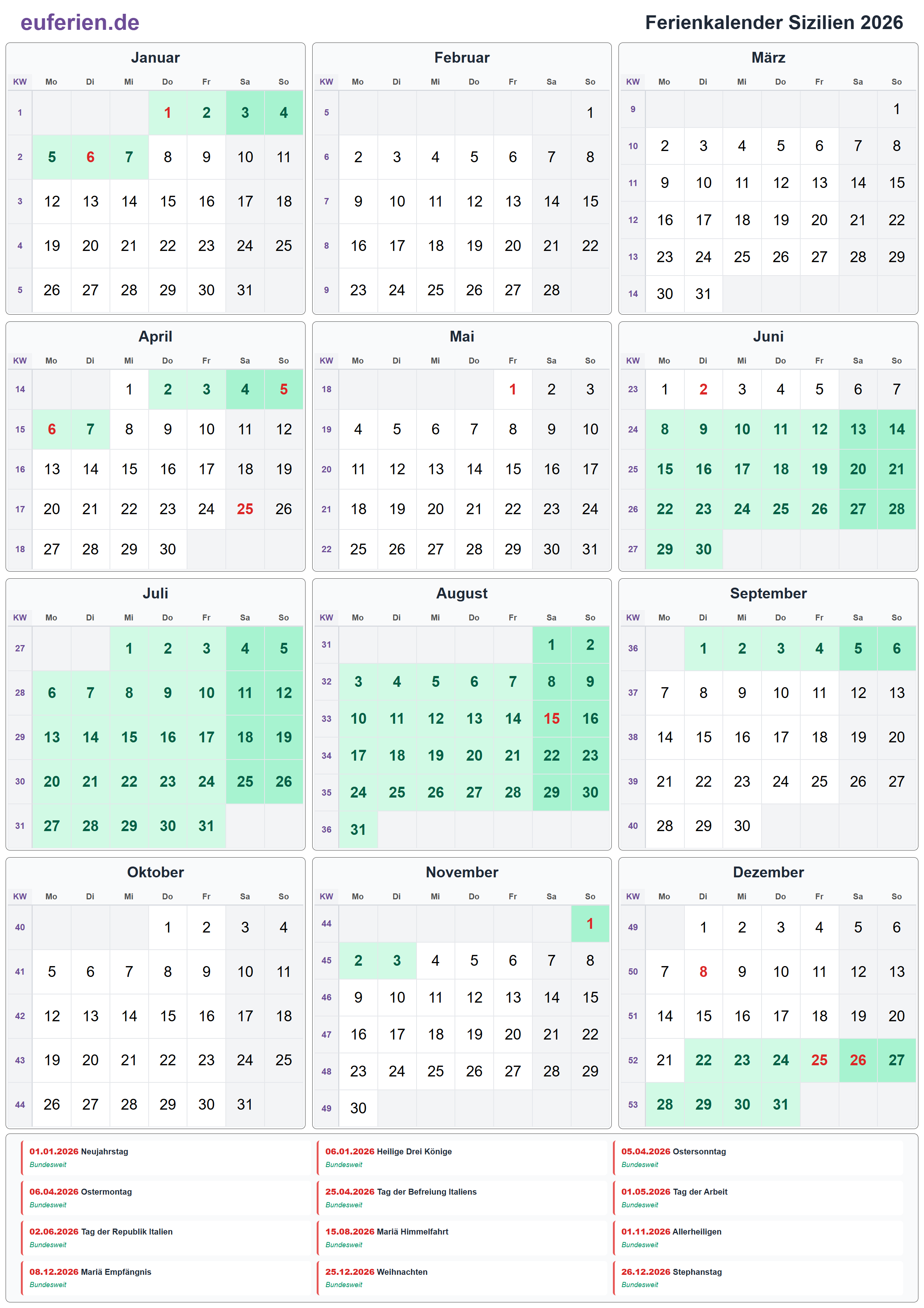 Ferienkalender Sizilien 2026 – Hochformat