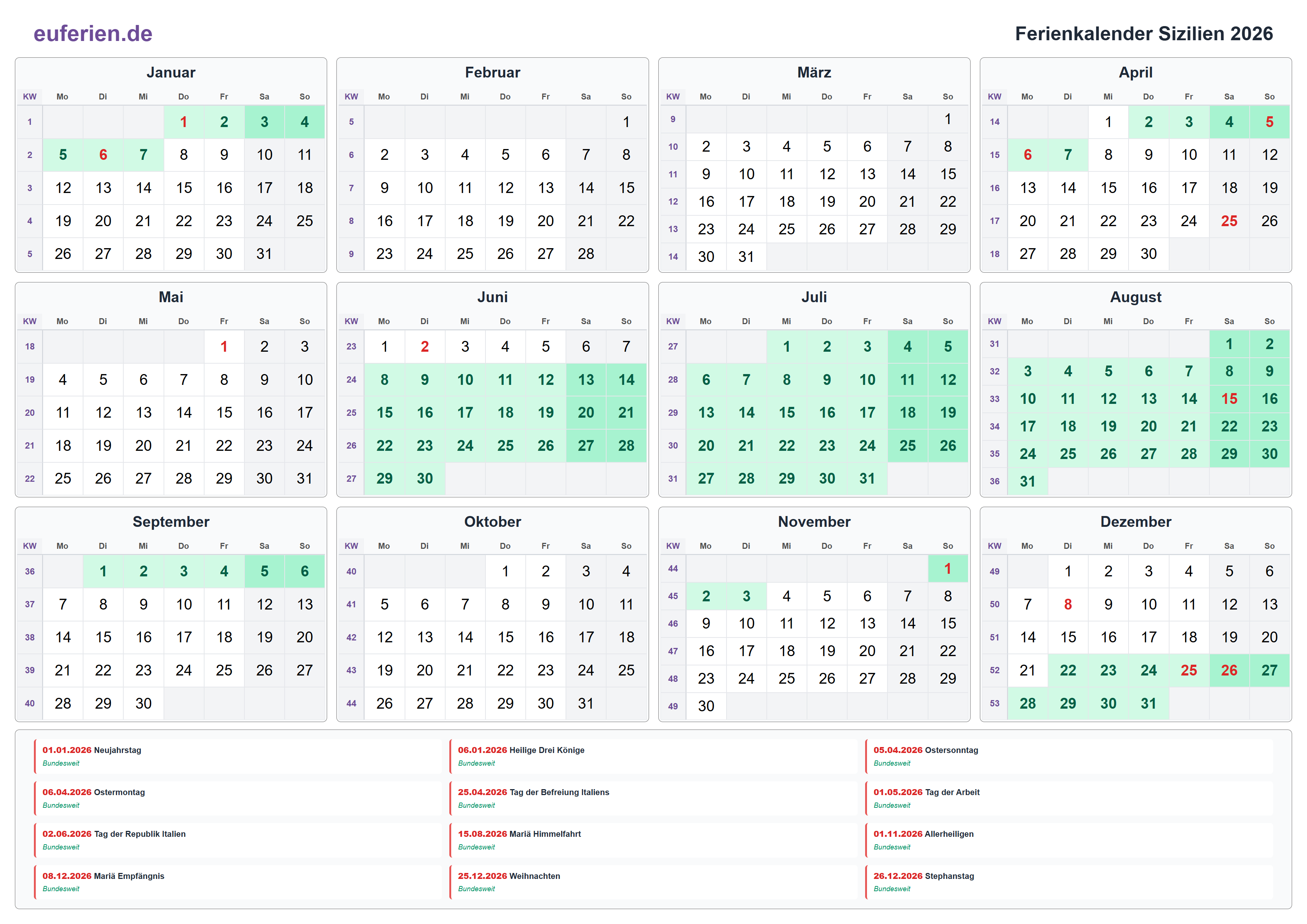 Ferienkalender Sizilien 2026 – Querformat
