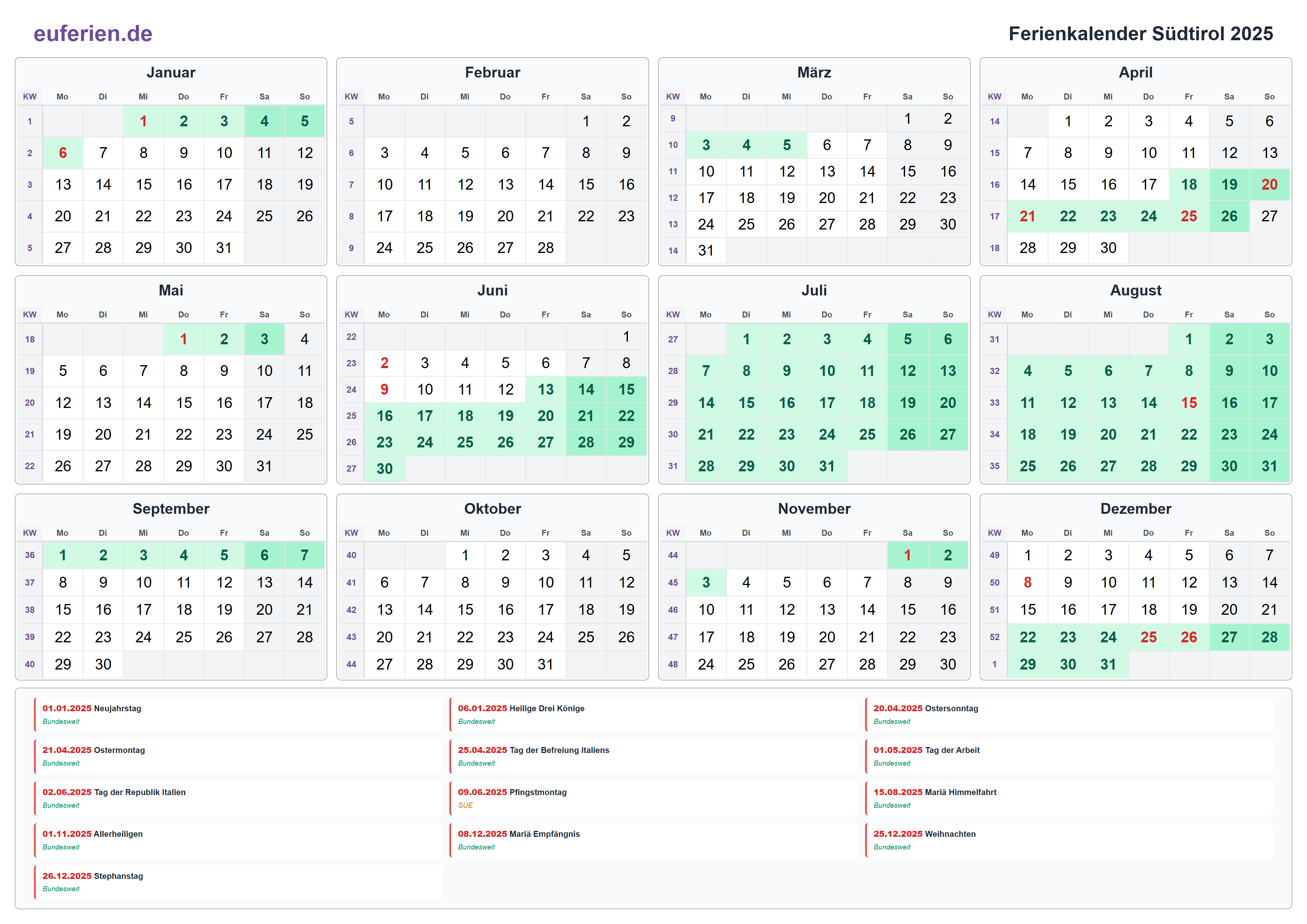 Ferienkalender Südtirol 2025 – Querformat