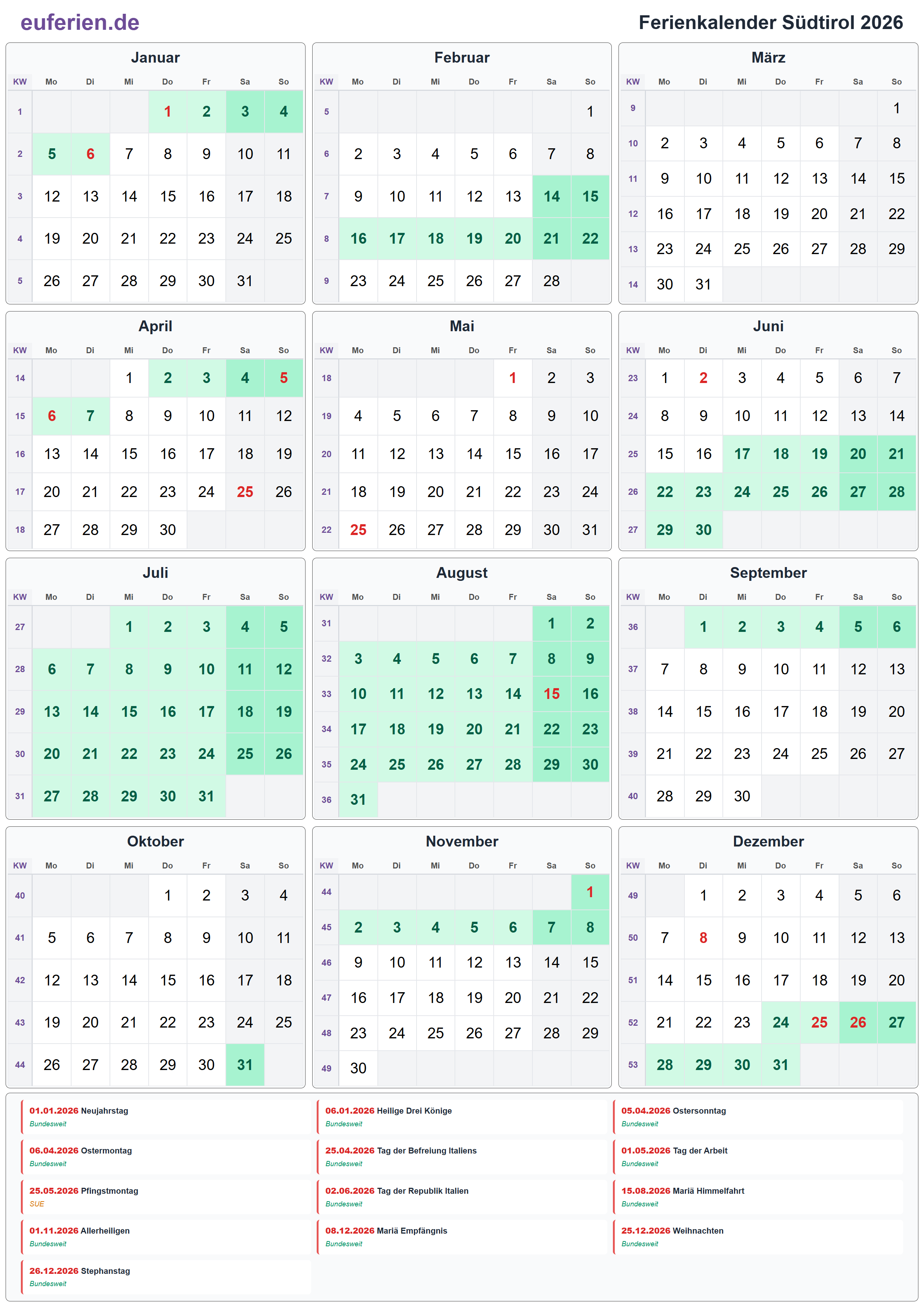 Ferienkalender Südtirol 2026 – Hochformat