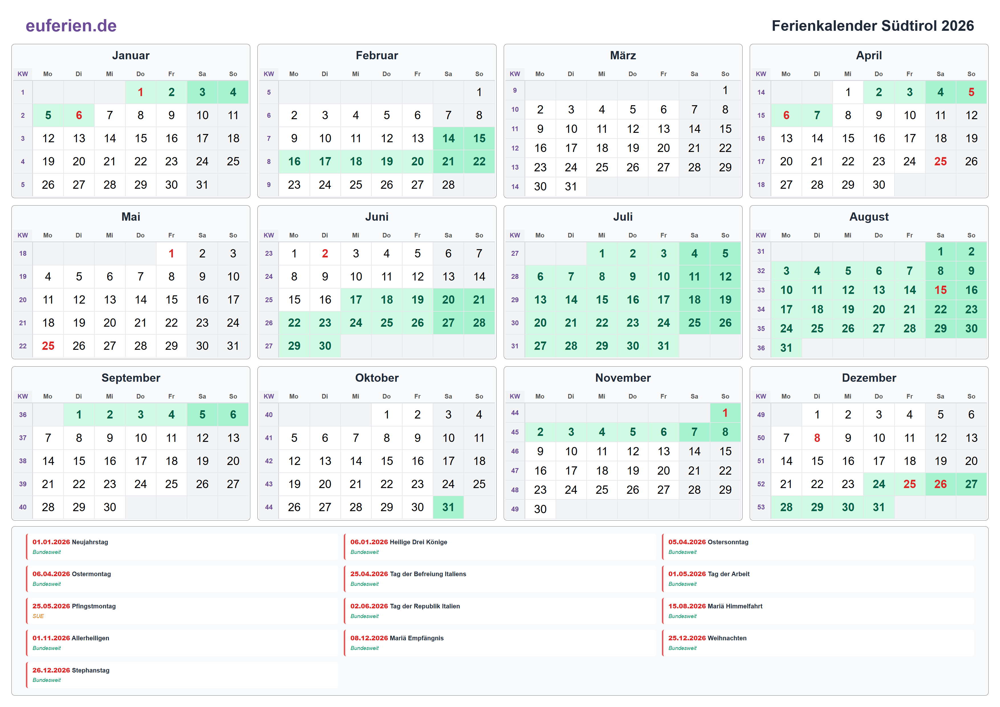 Ferienkalender Südtirol 2026 – Querformat