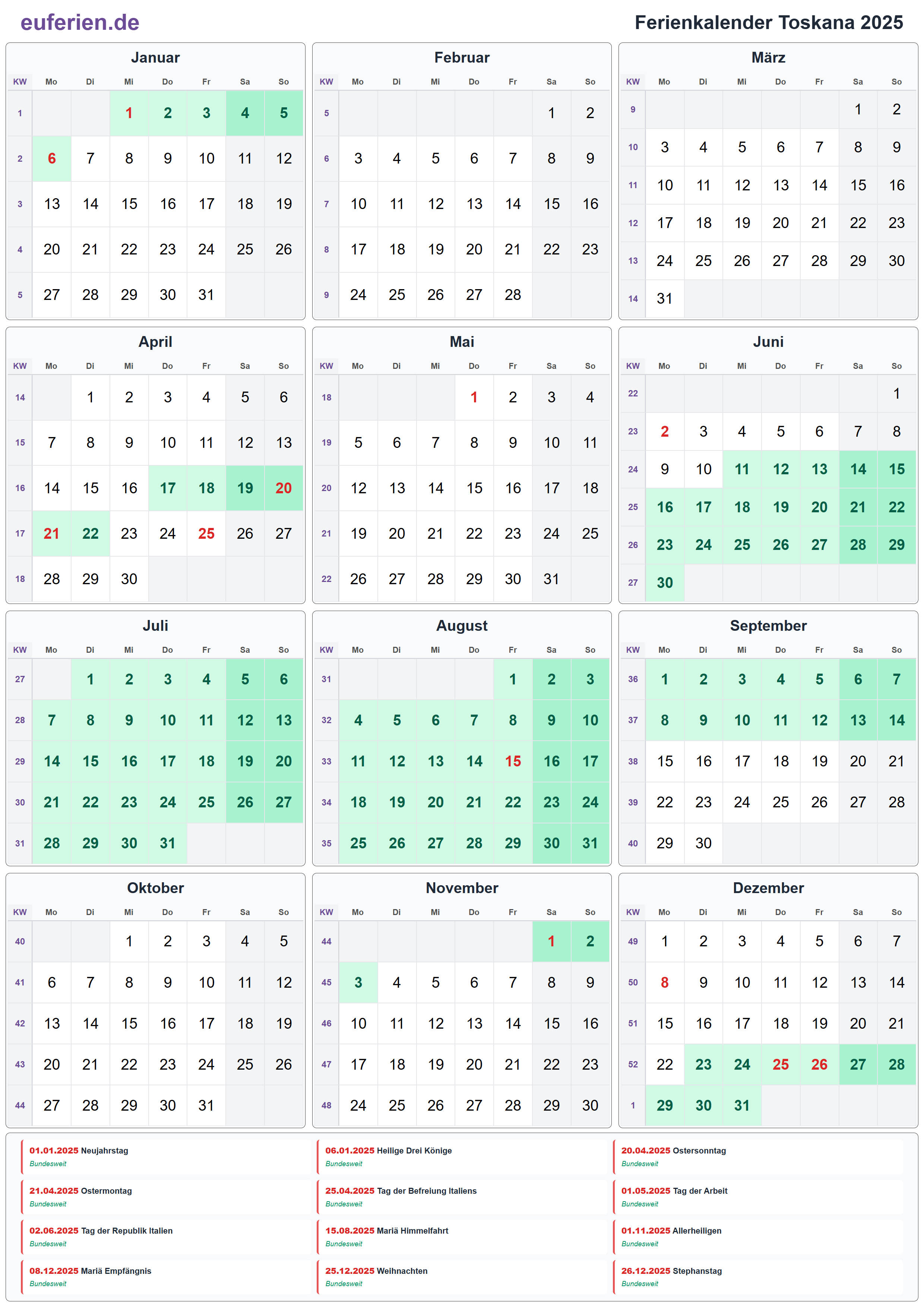 Ferienkalender Toskana 2025 – Hochformat