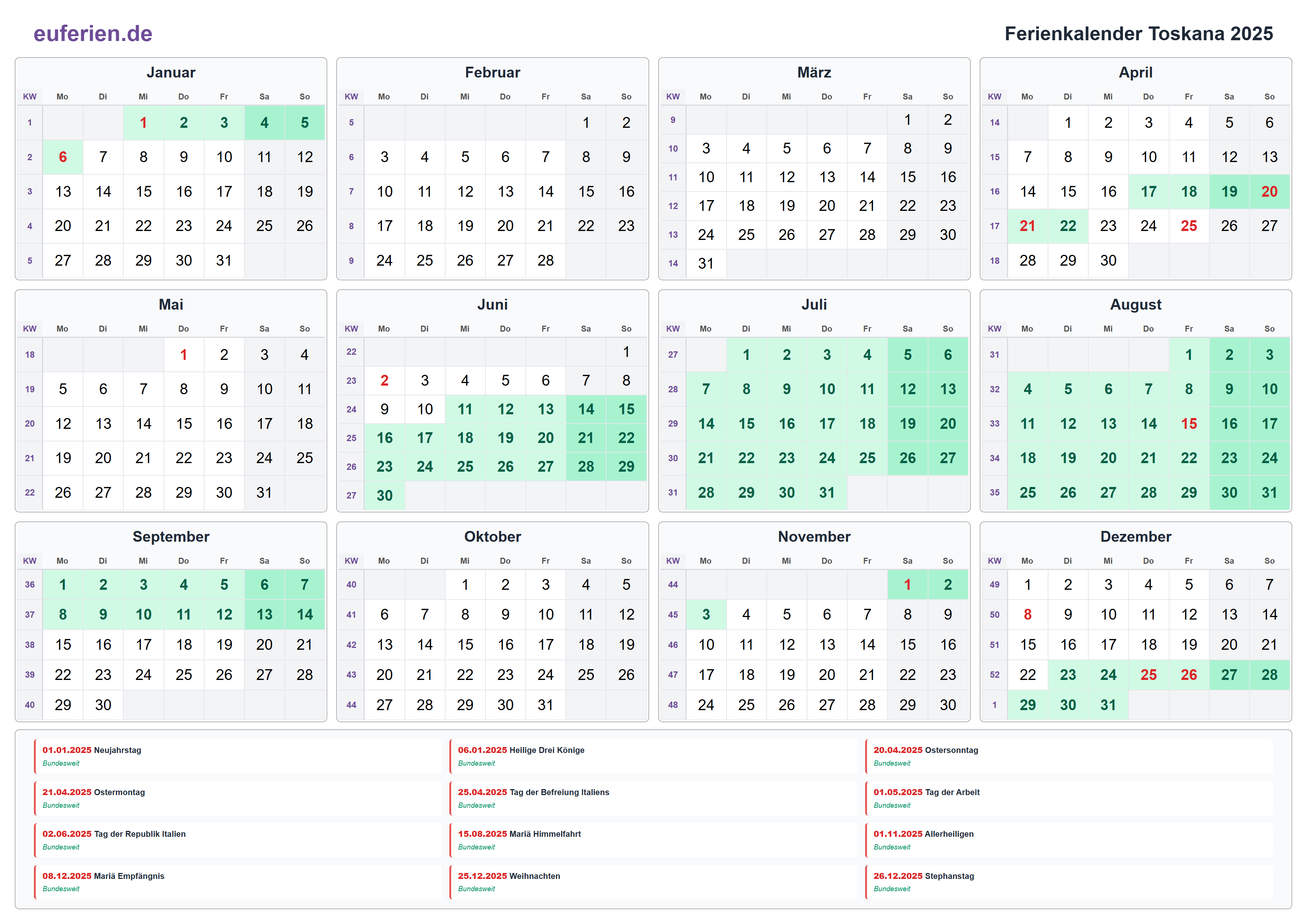 Ferienkalender Toskana 2025 – Querformat
