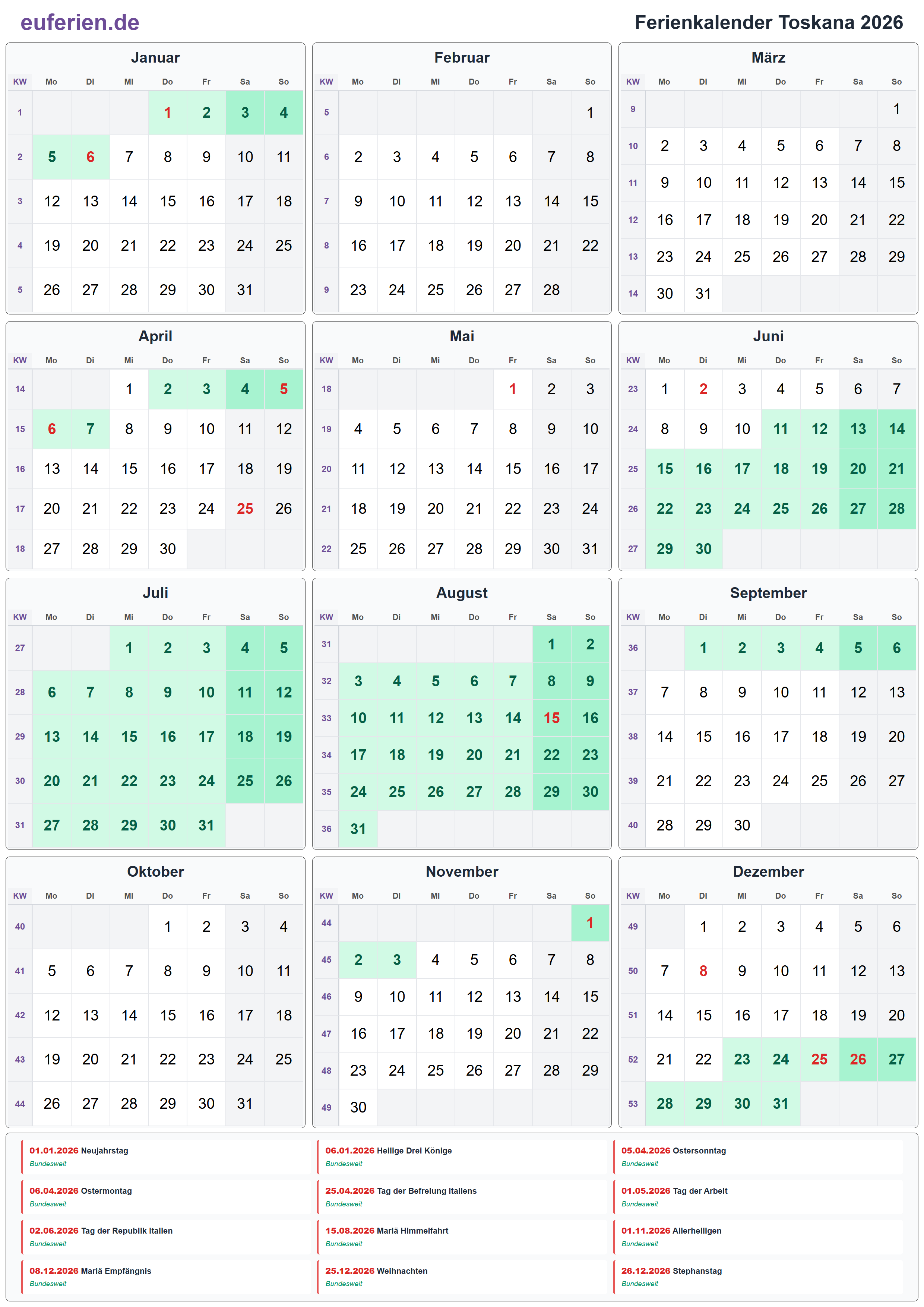 Ferienkalender Toskana 2026 – Hochformat