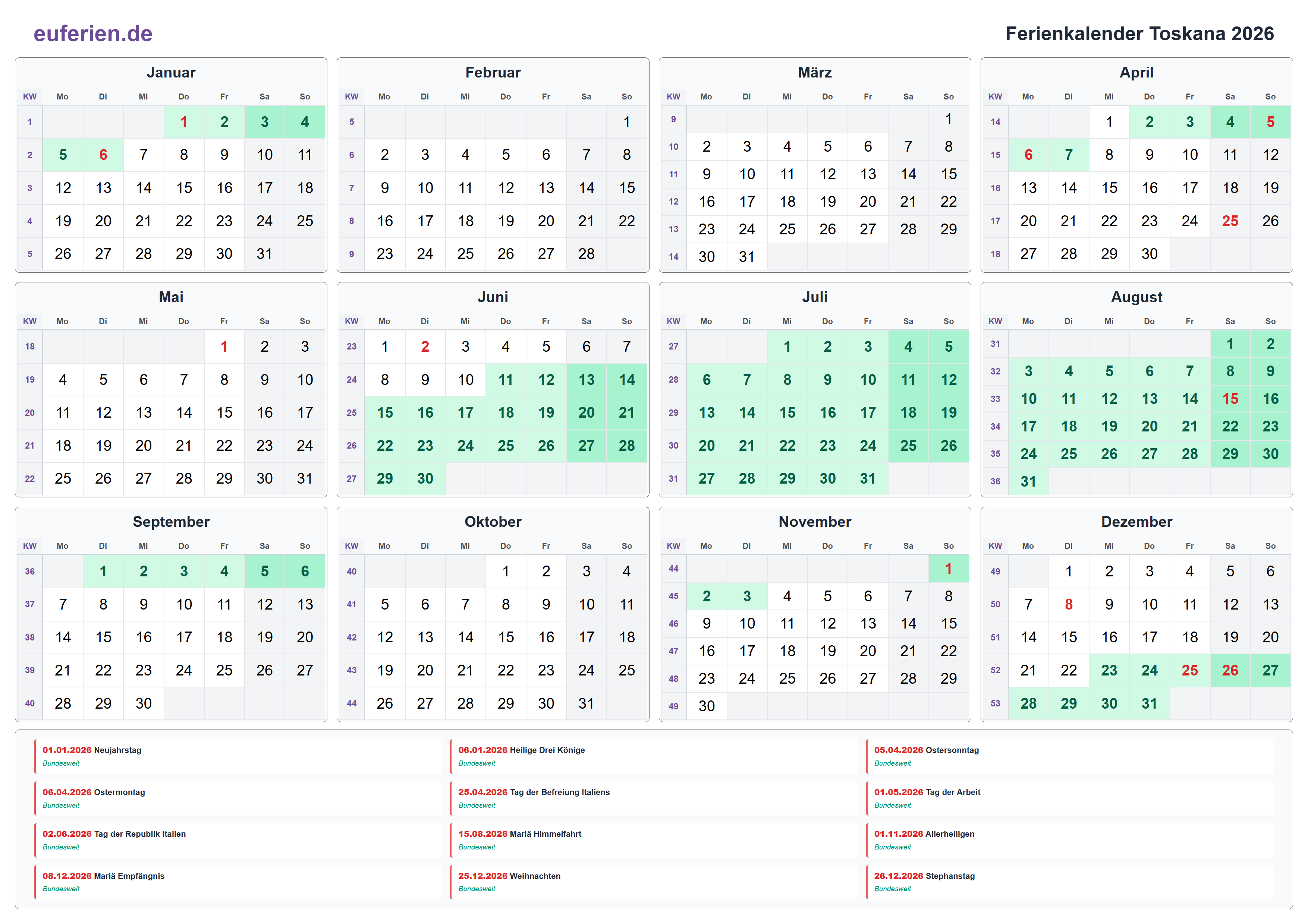 Ferienkalender Toskana 2026 – Querformat
