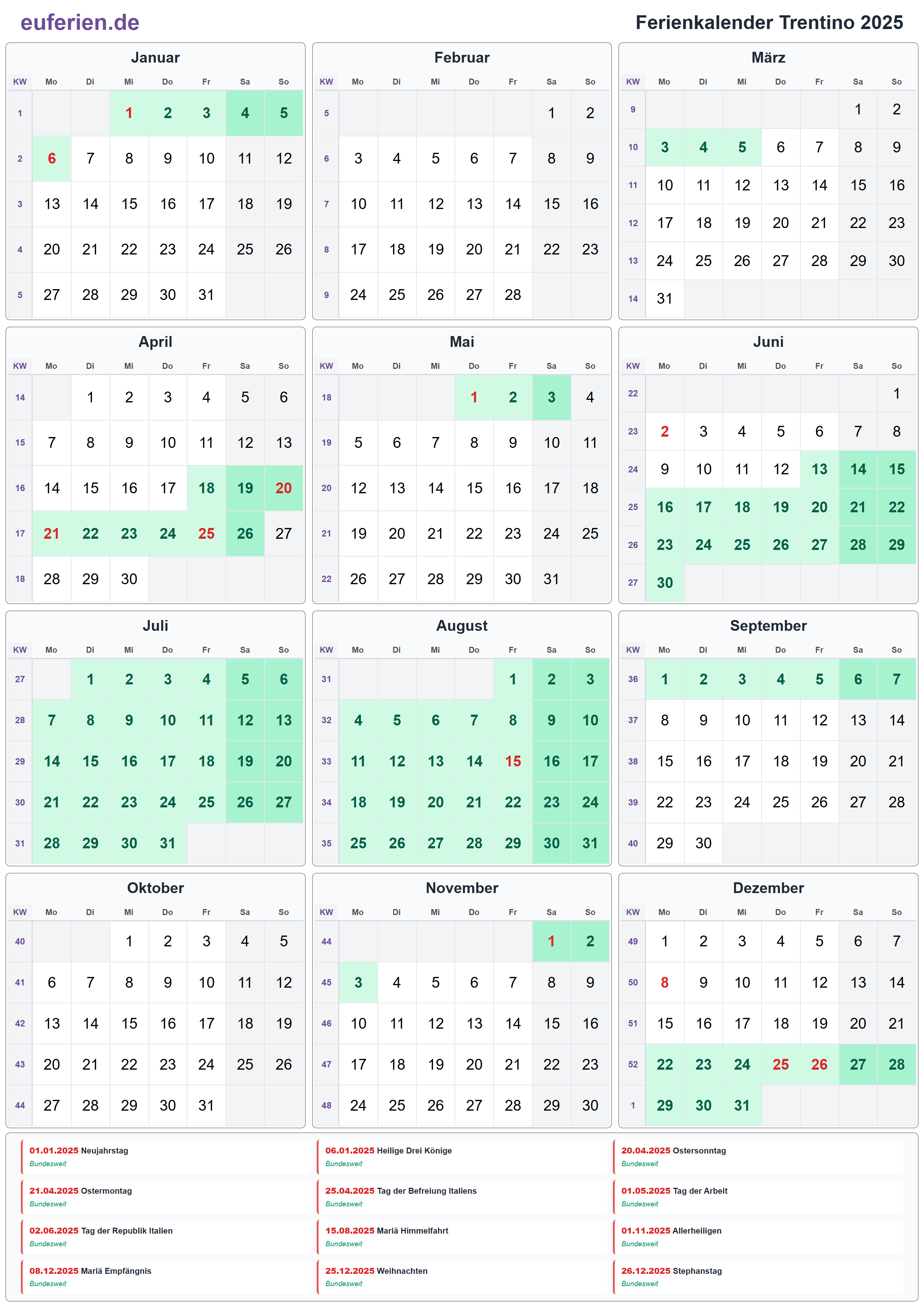 Ferienkalender Trentino 2025 – Hochformat