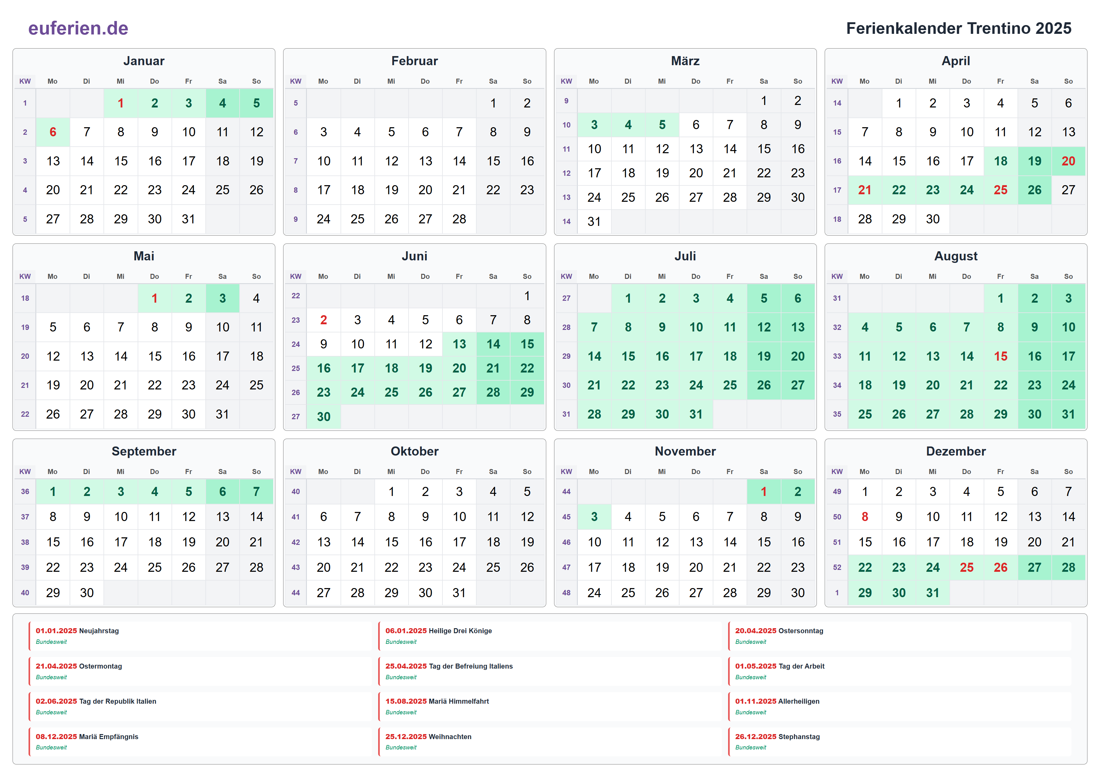 Ferienkalender Trentino 2025 – Querformat
