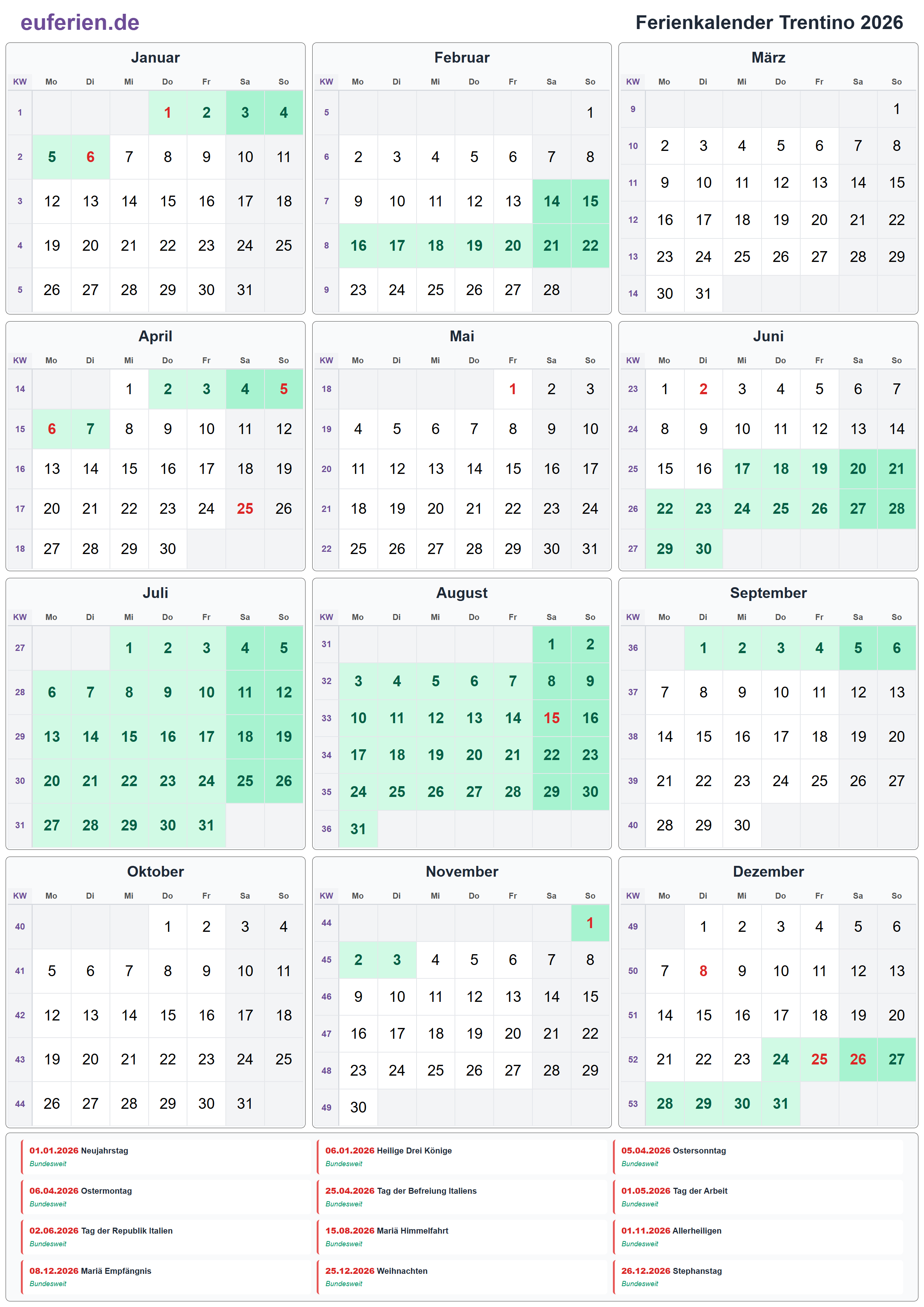 Ferienkalender Trentino 2026 – Hochformat