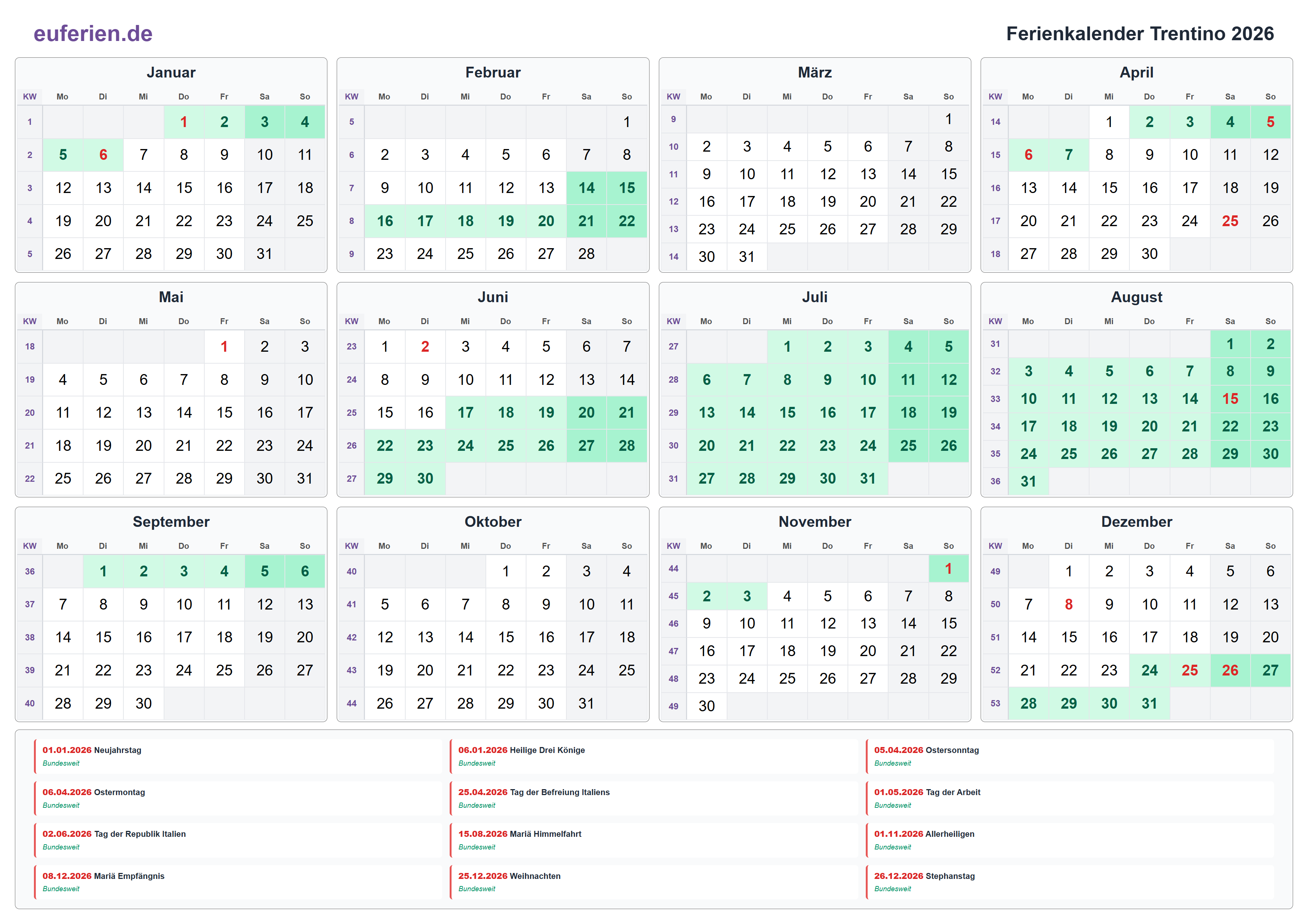 Ferienkalender Trentino 2026 – Querformat