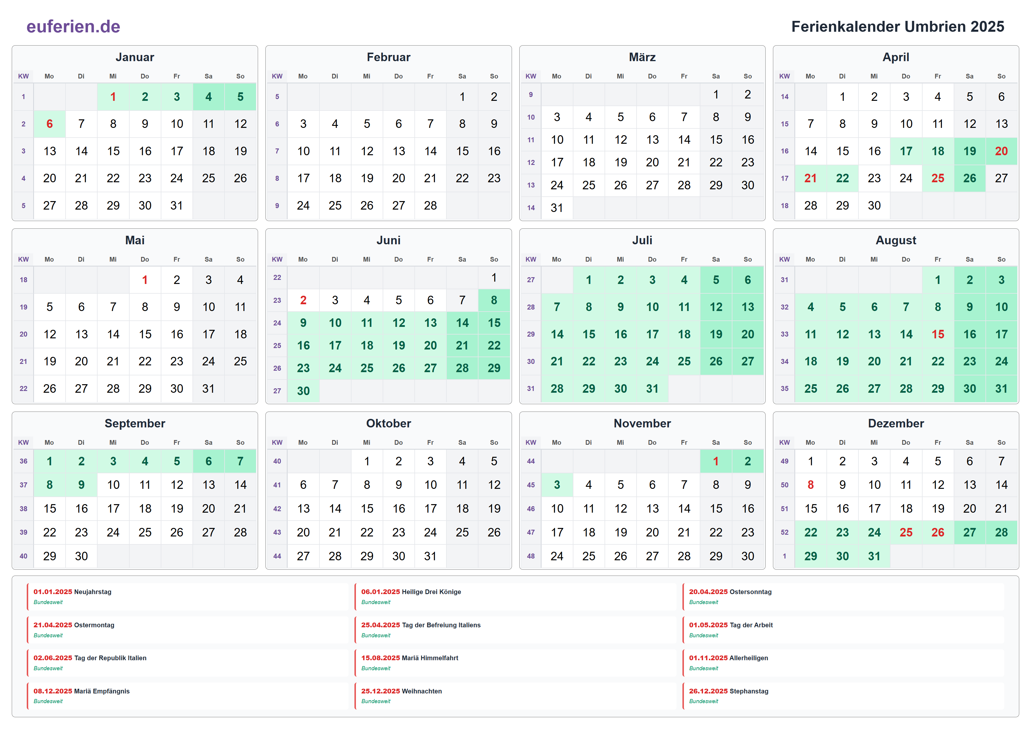 Ferienkalender Umbrien 2025 – Querformat