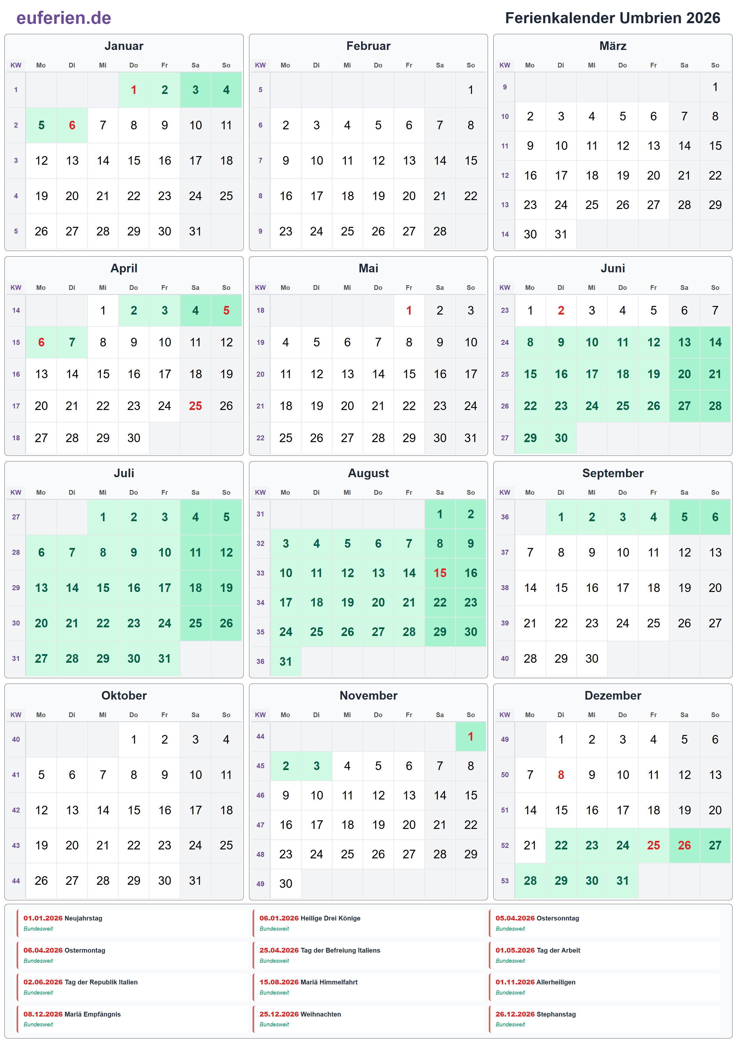 Ferienkalender Umbrien 2026 – Hochformat