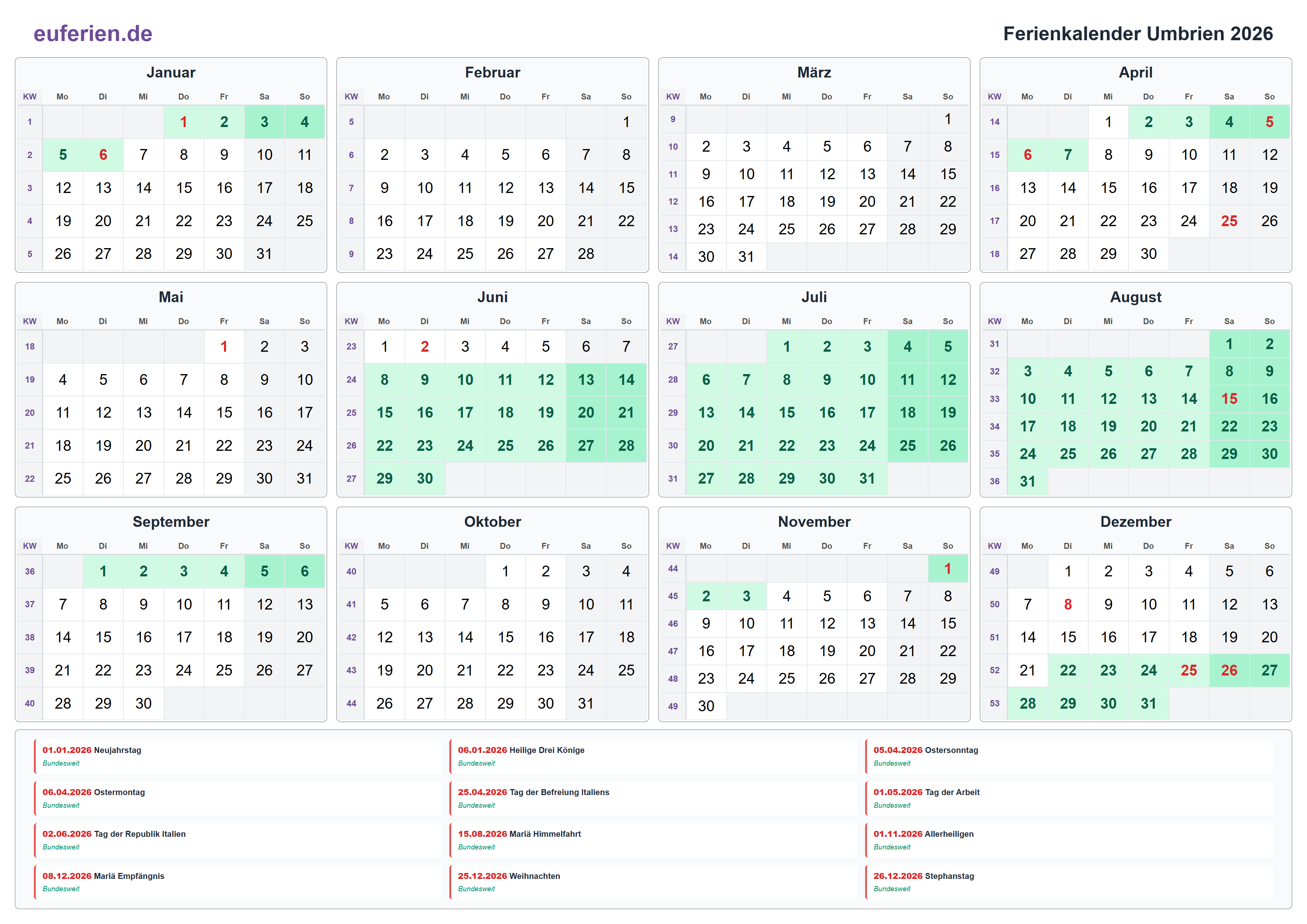 Ferienkalender Umbrien 2026 – Querformat