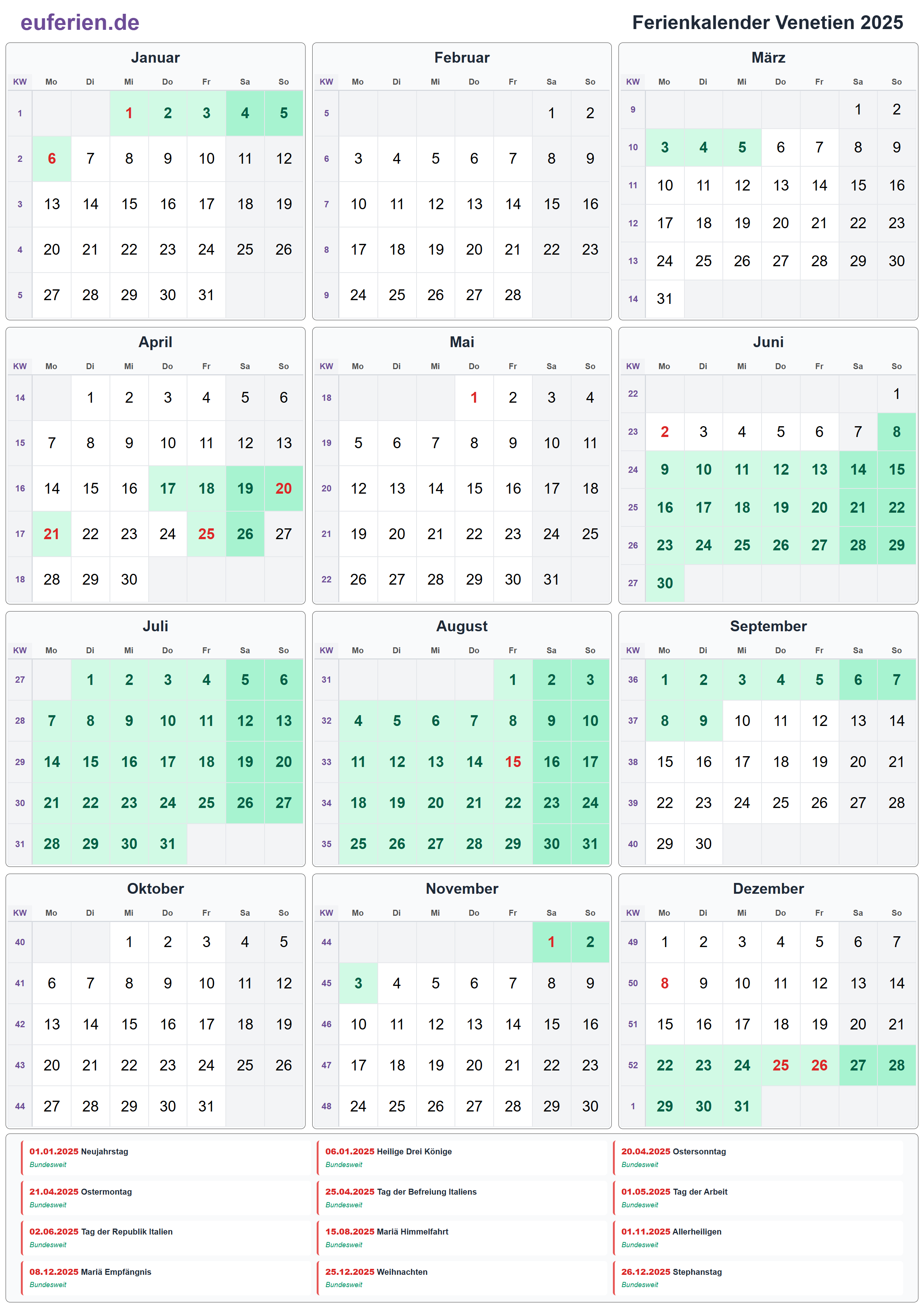 Ferienkalender Venetien 2025 – Hochformat
