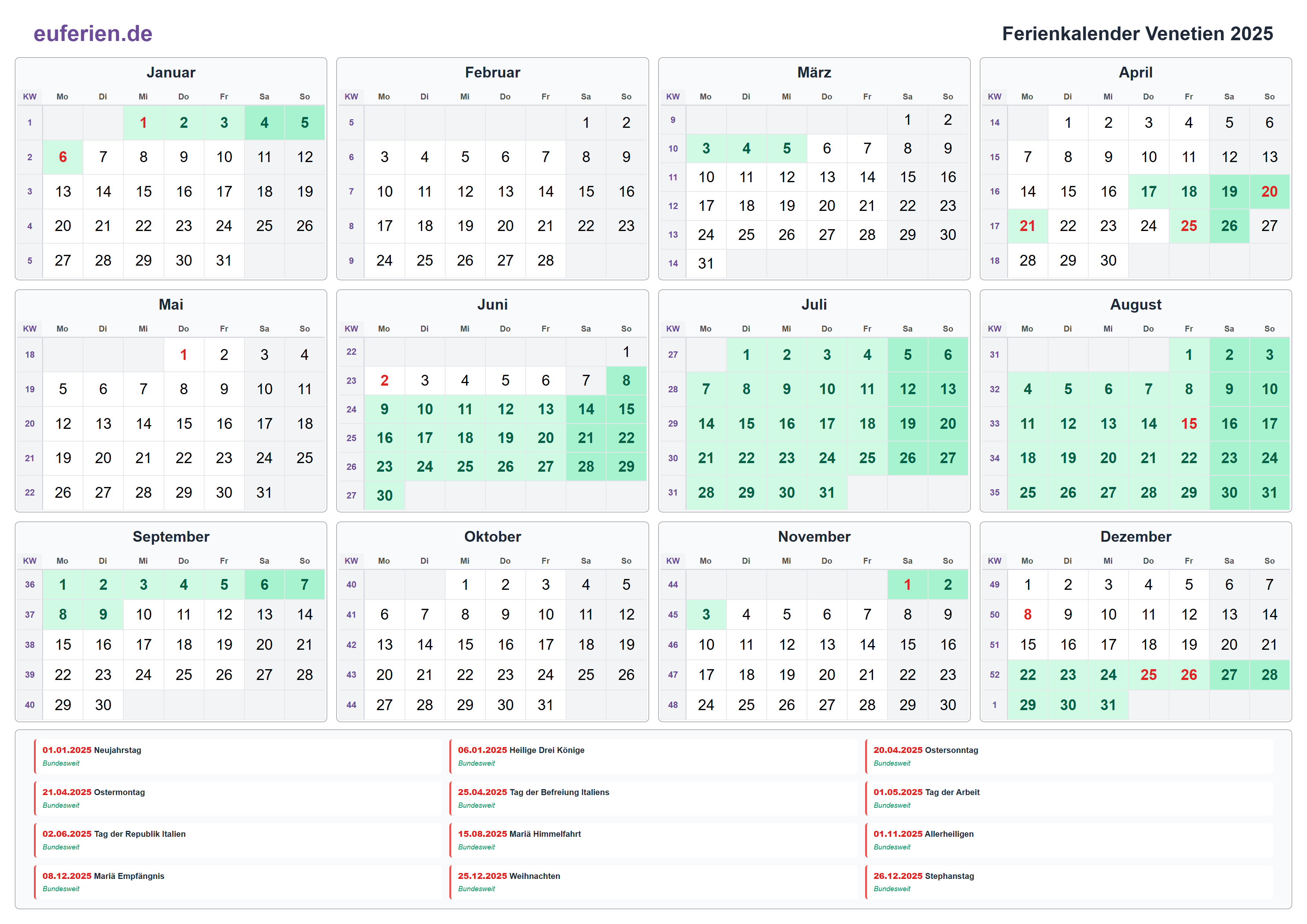 Ferienkalender Venetien 2025 – Querformat