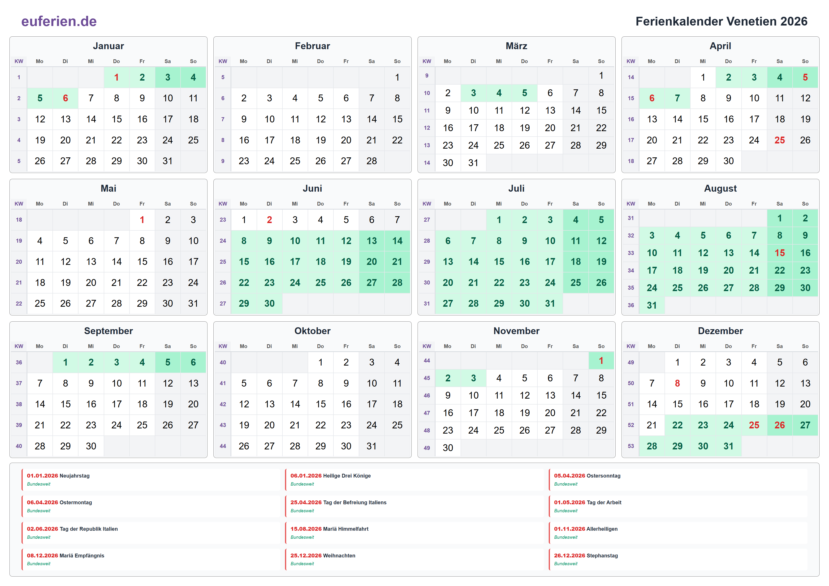 Ferienkalender Venetien 2026 – Querformat