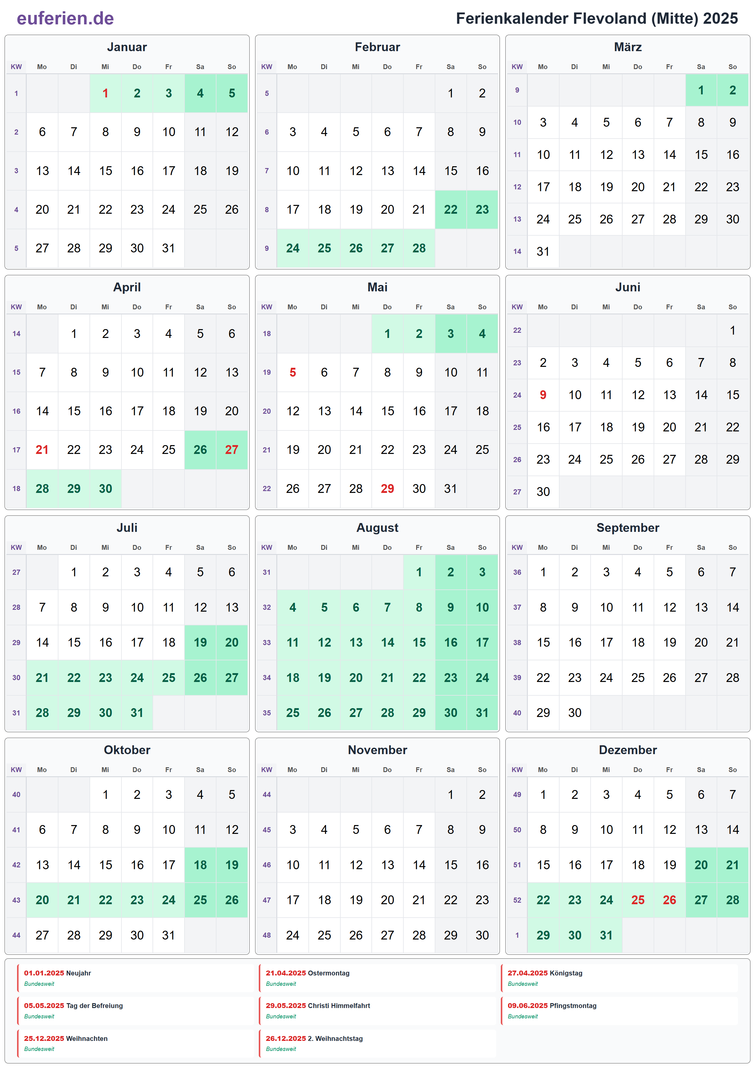Ferienkalender Flevoland (Mitte) 2025 – Hochformat