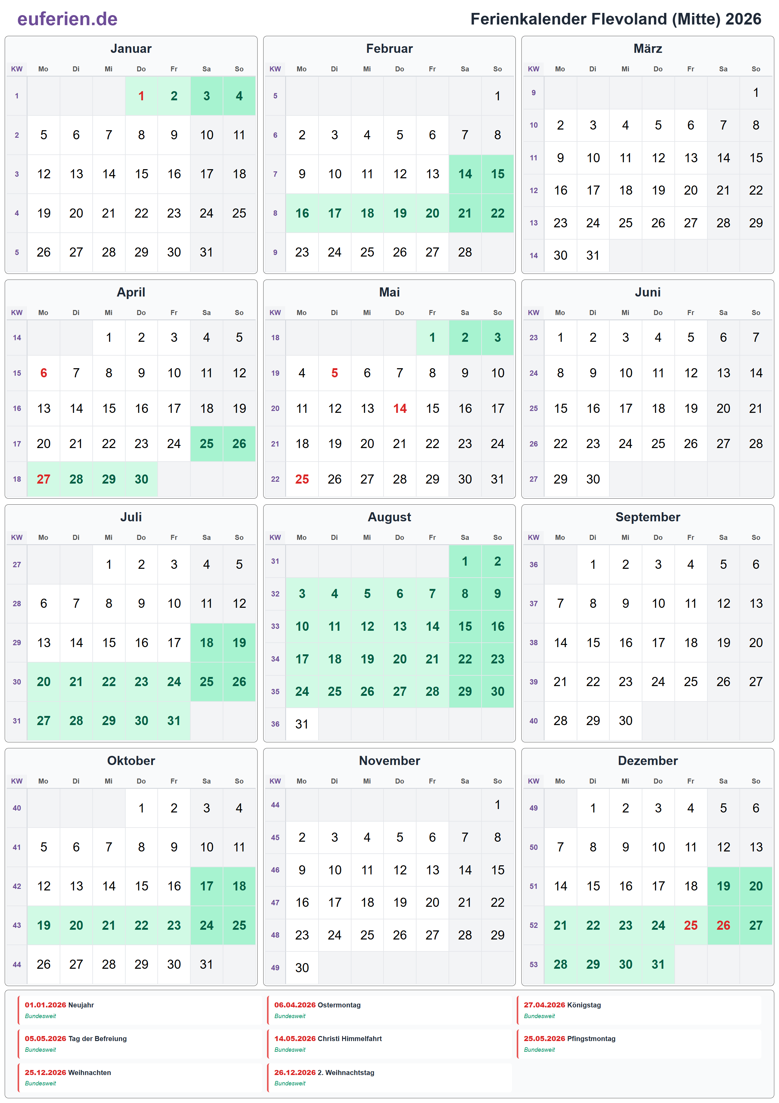 Ferienkalender Flevoland (Mitte) 2026 – Hochformat