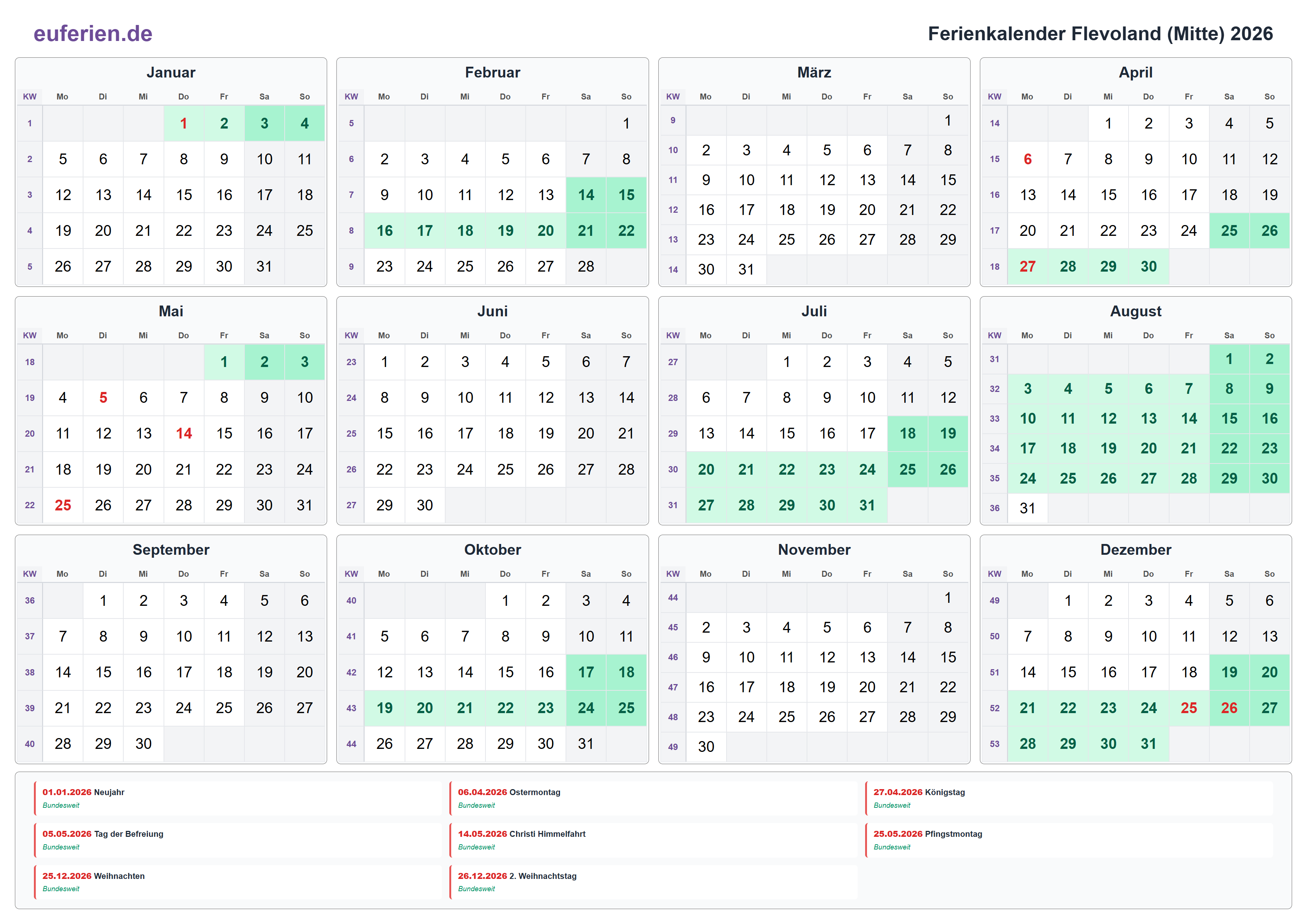 Ferienkalender Flevoland (Mitte) 2026 – Querformat